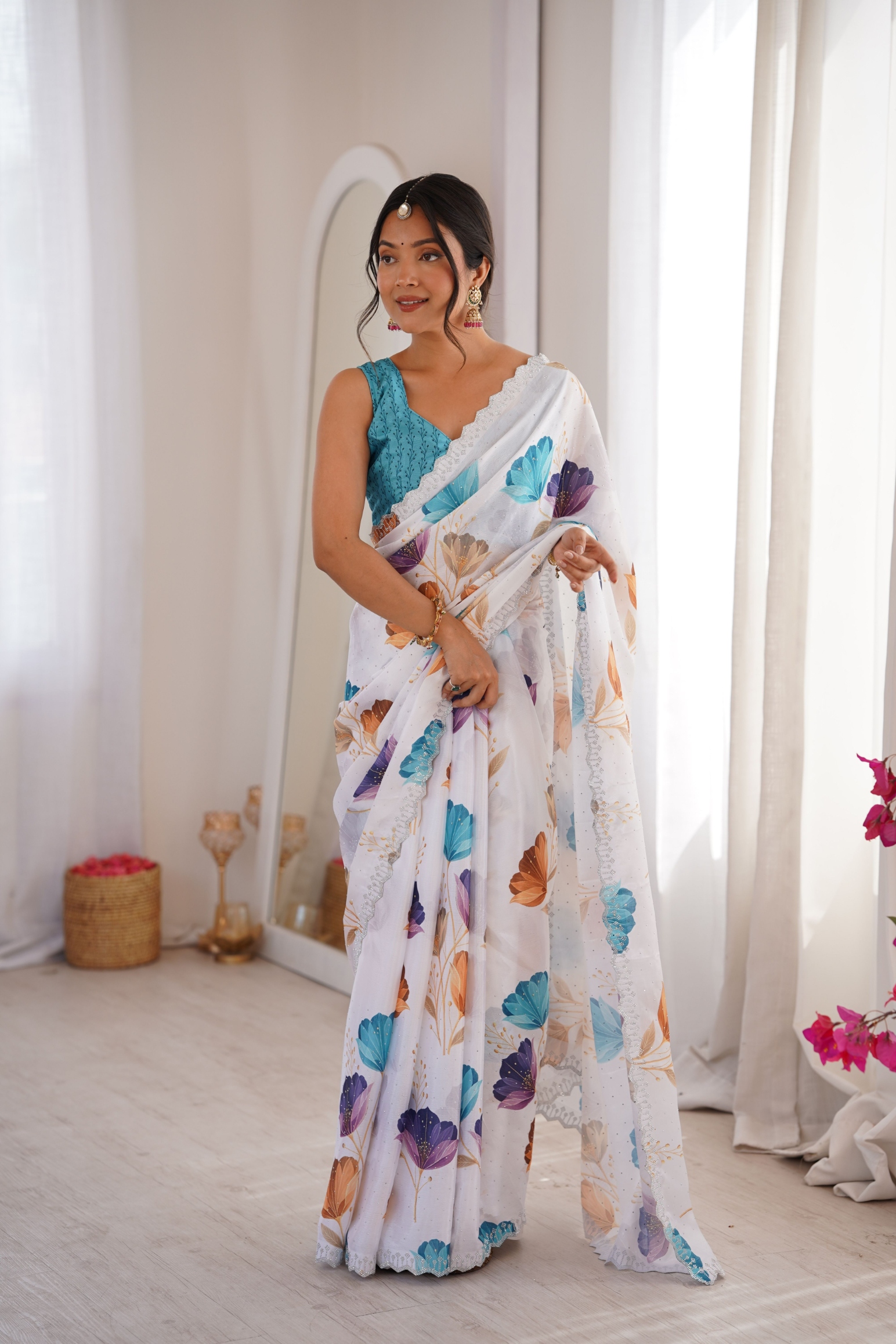 White Bloom Digital Printed Chinon Saree