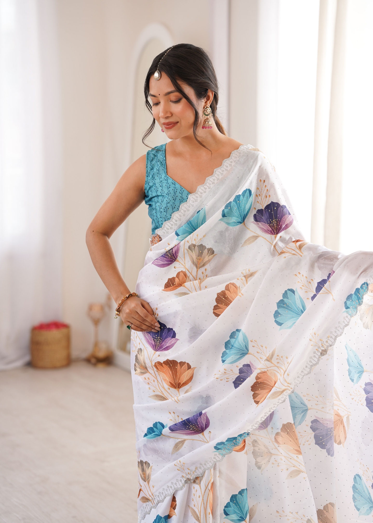 White Bloom Digital Printed Chinon Saree