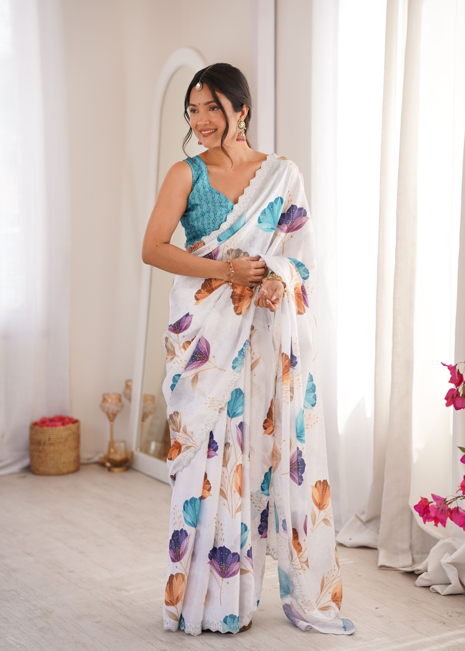 White Bloom Digital Printed Chinon Saree