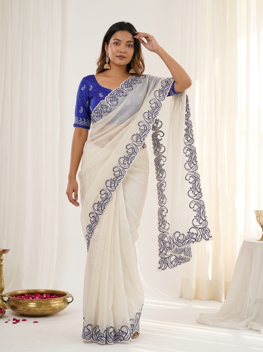 White Blue Designer Crunchy Silk Saree