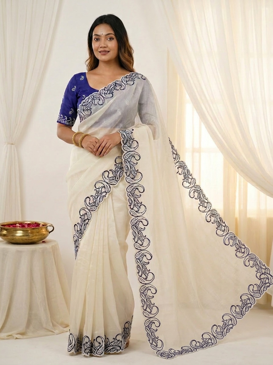 White Blue Designer Crunchy Silk Saree — alternate view