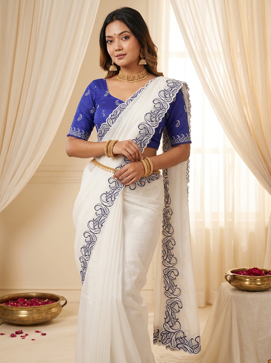 White Blue Designer Crunchy Silk Saree