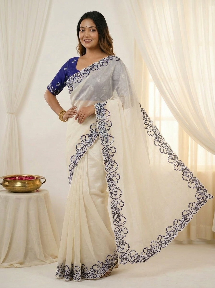 White Blue Designer Crunchy Silk Saree