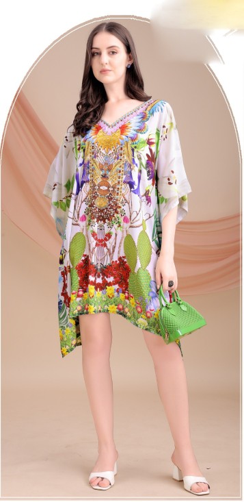 White Botanical Jewel Feather Silk Kaftan