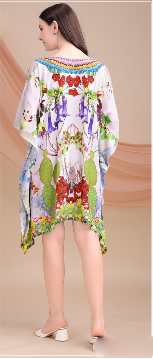 White Botanical Jewel Feather Silk Kaftan — alternate view