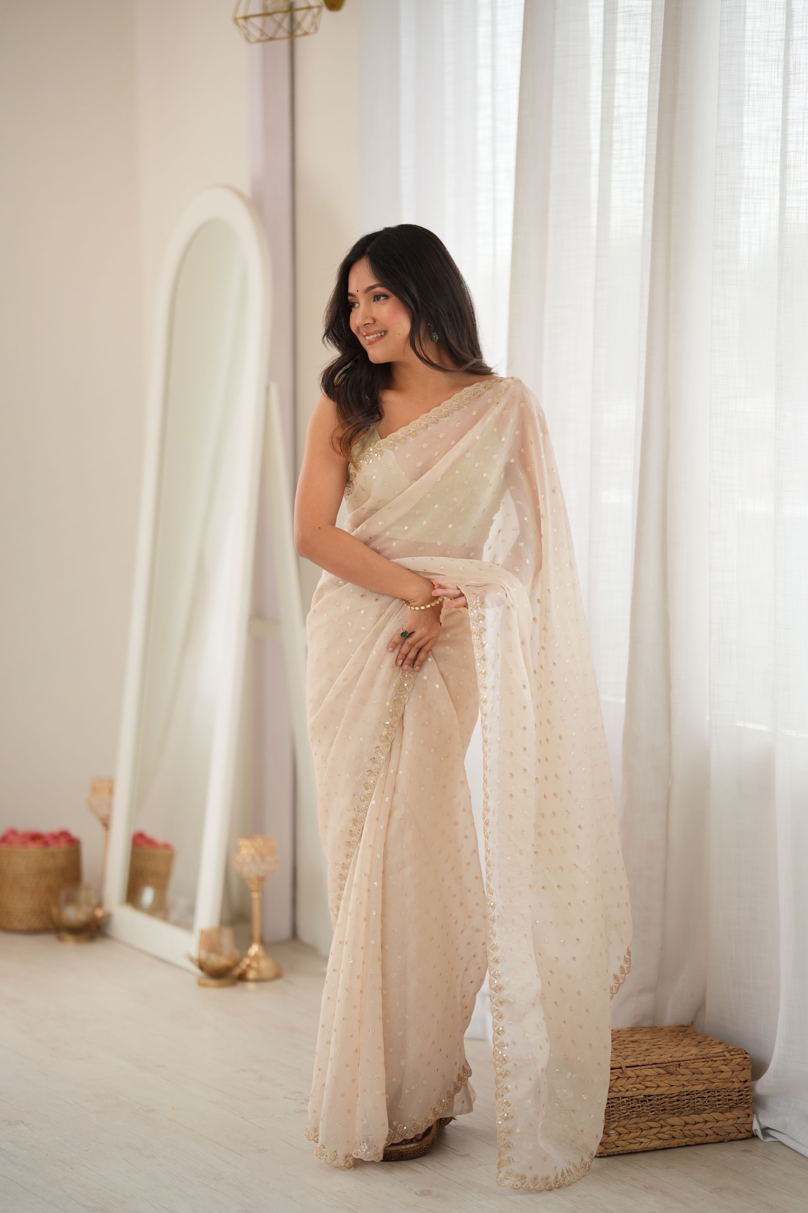 White Butti Embroidery Moss Butti Saree