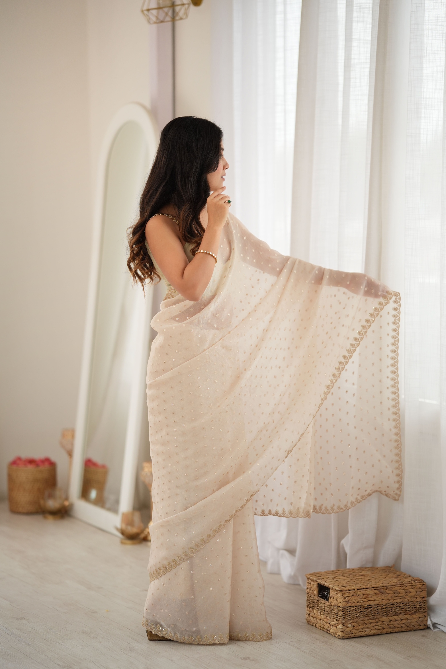 White Butti Embroidery Moss Butti Saree — alternate view
