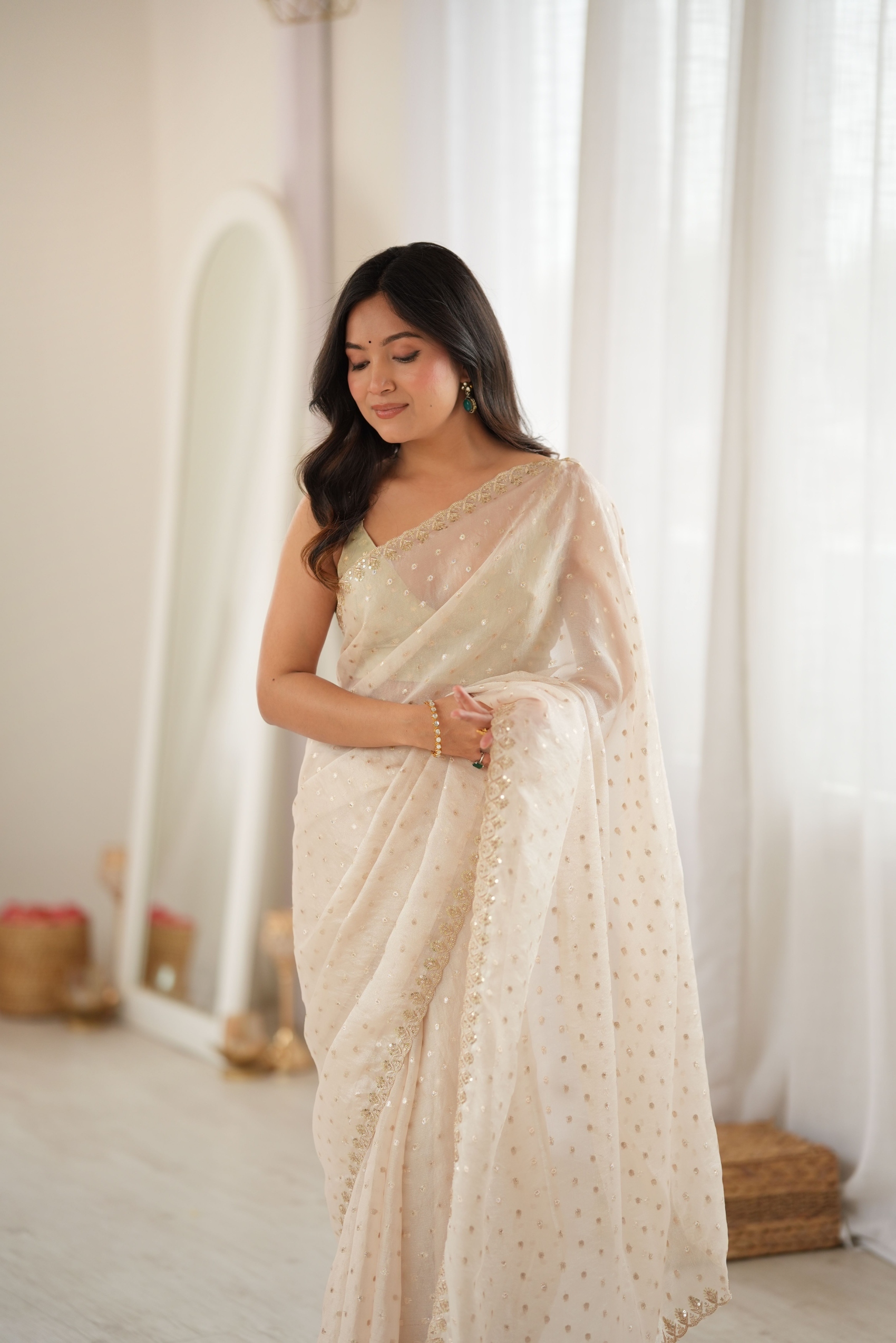 White Butti Embroidery Moss Butti Saree