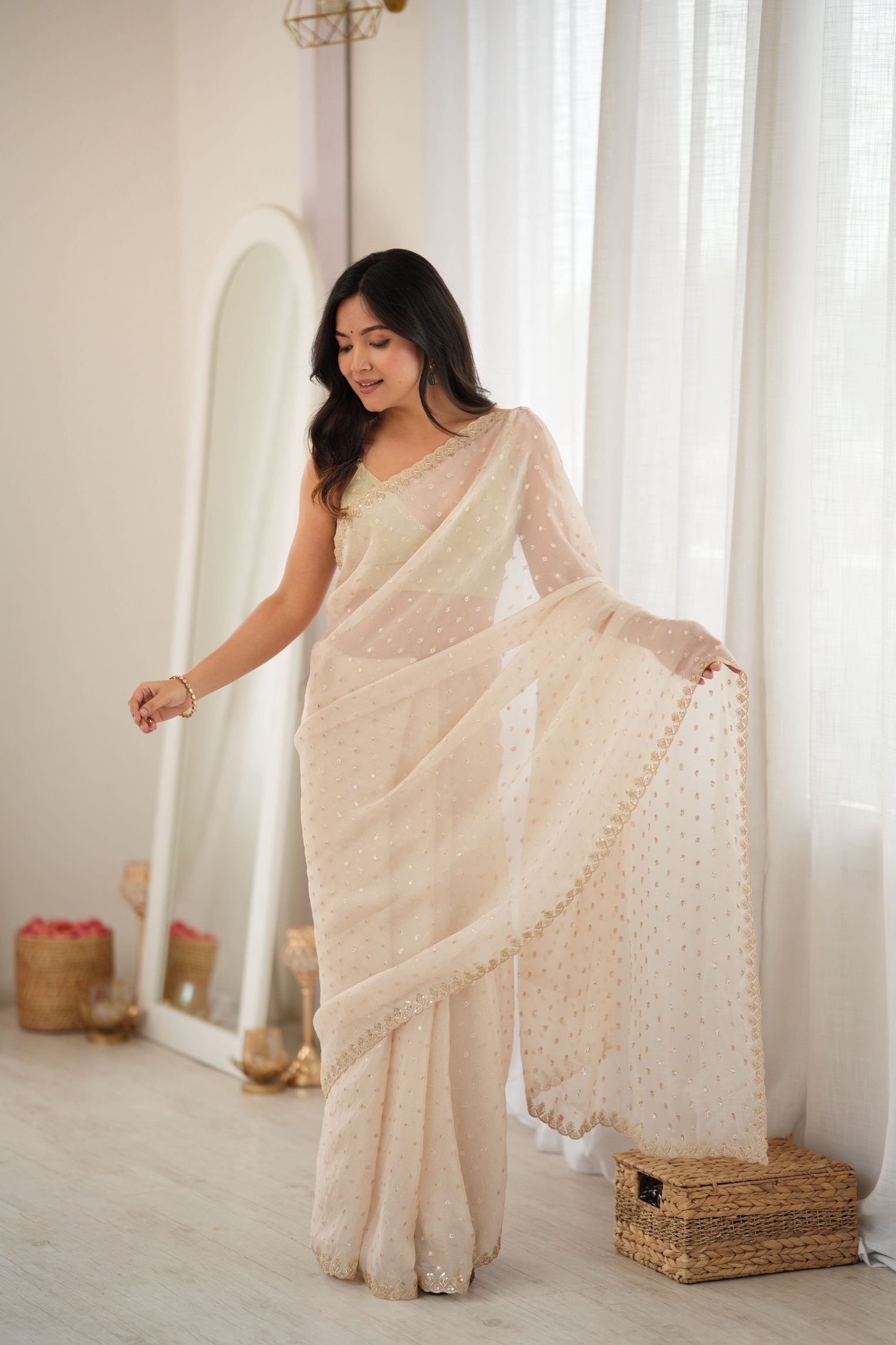 White Butti Embroidery Moss Butti Saree