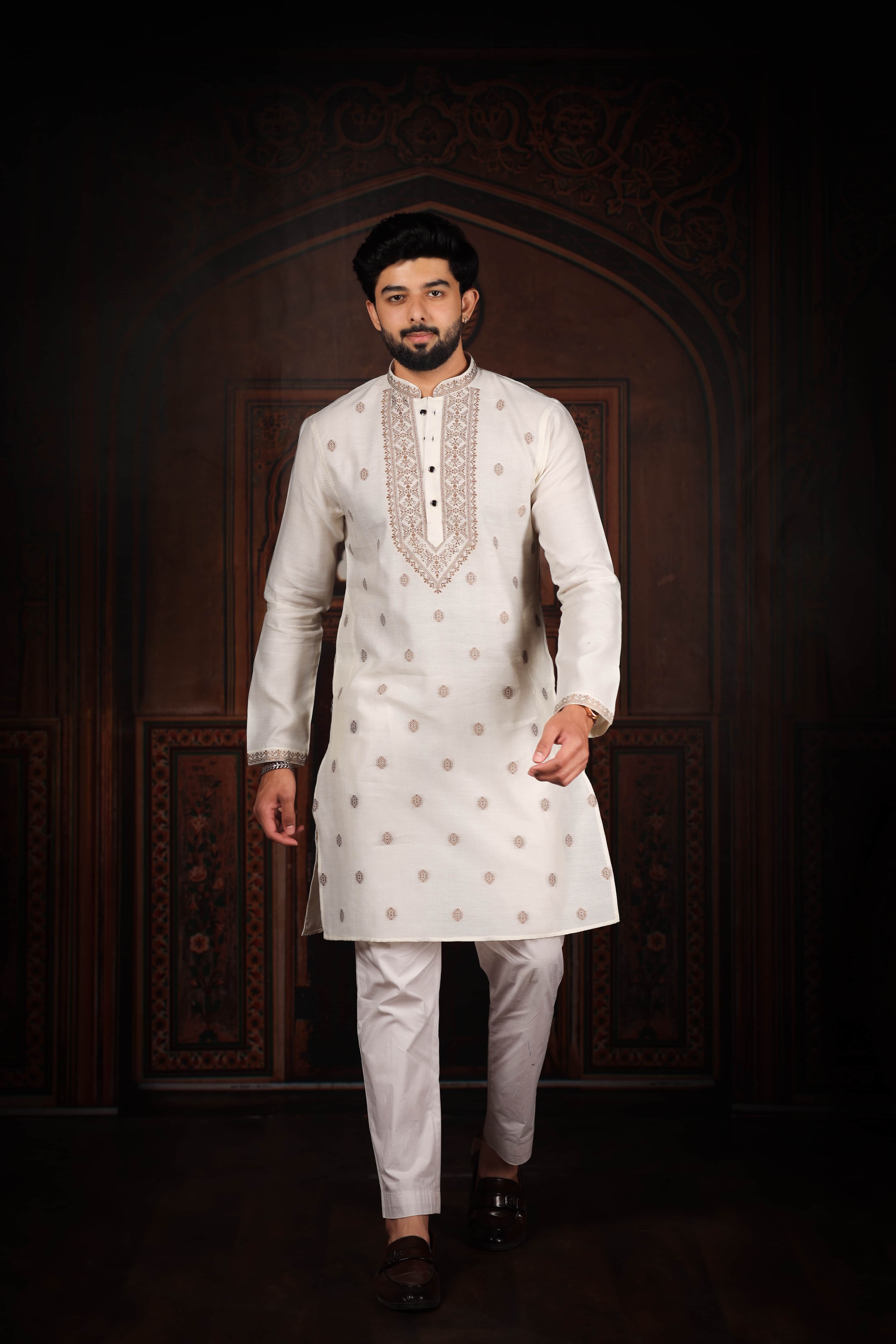 White Butti Jacquard Cotton Kurta Pyjama