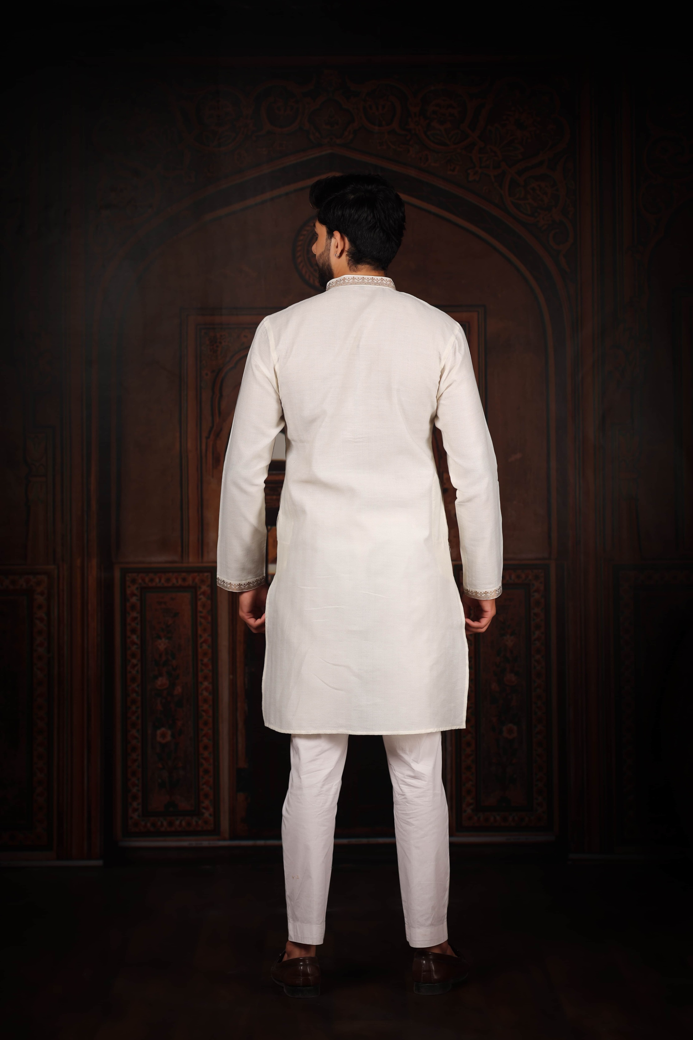 White Butti Jacquard Cotton Kurta Pyjama — alternate view