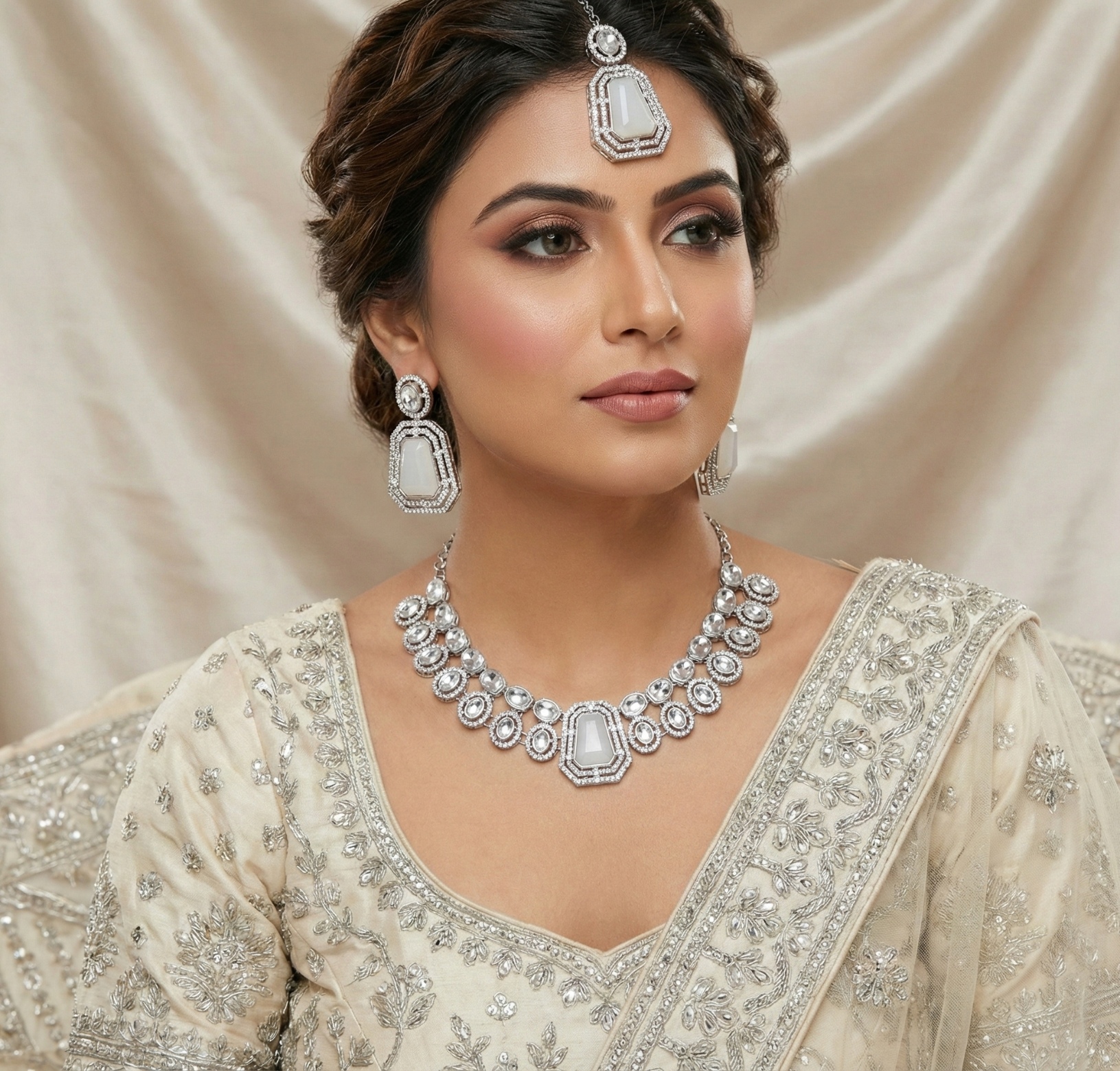 White Cascade Stone Alloy Evening Necklace