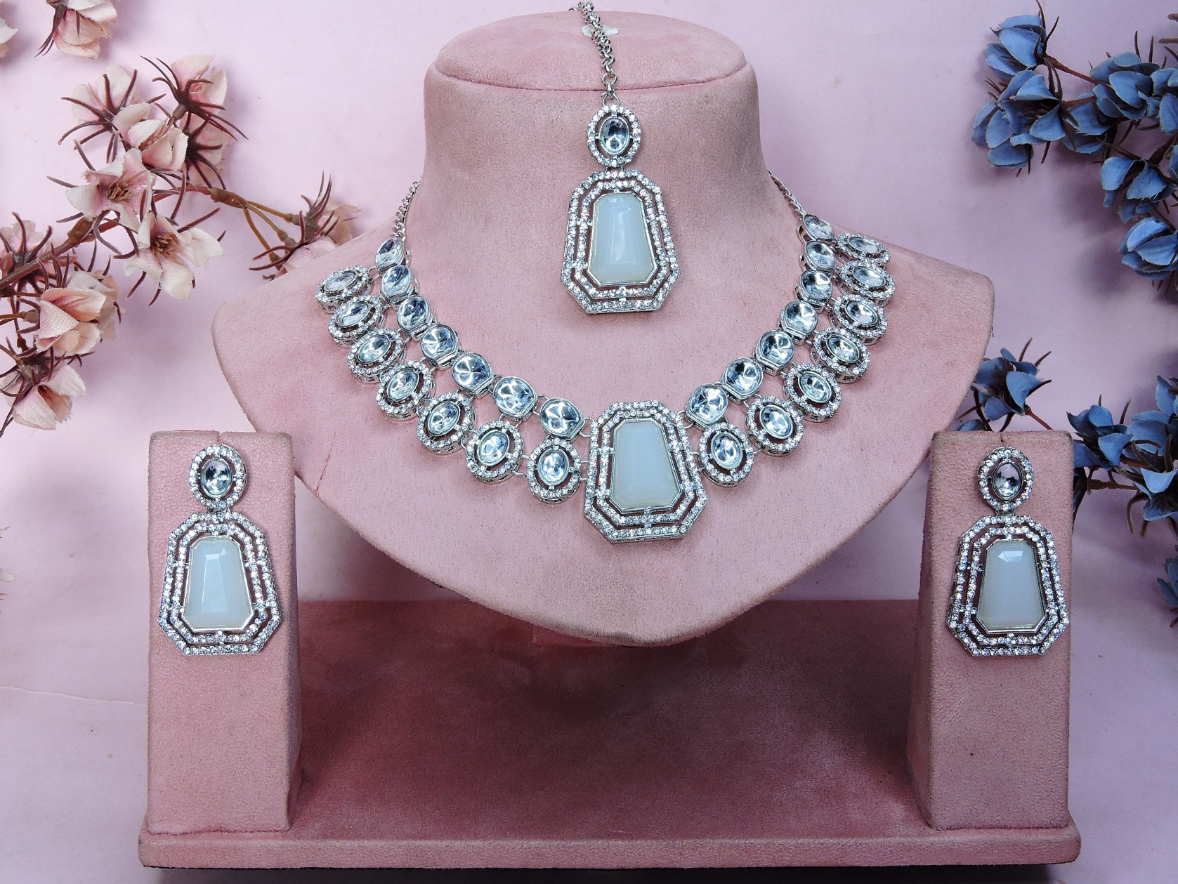 White Cascade Stone Alloy Evening Necklace — alternate view