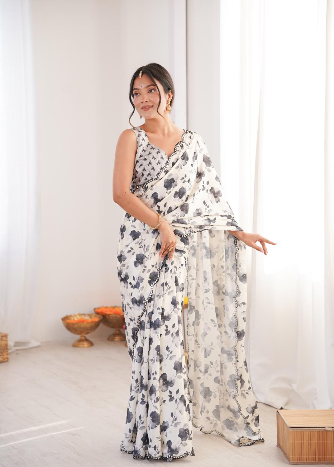 White Charcoal Chinon Digital Printed Mirror Cut Work Saree