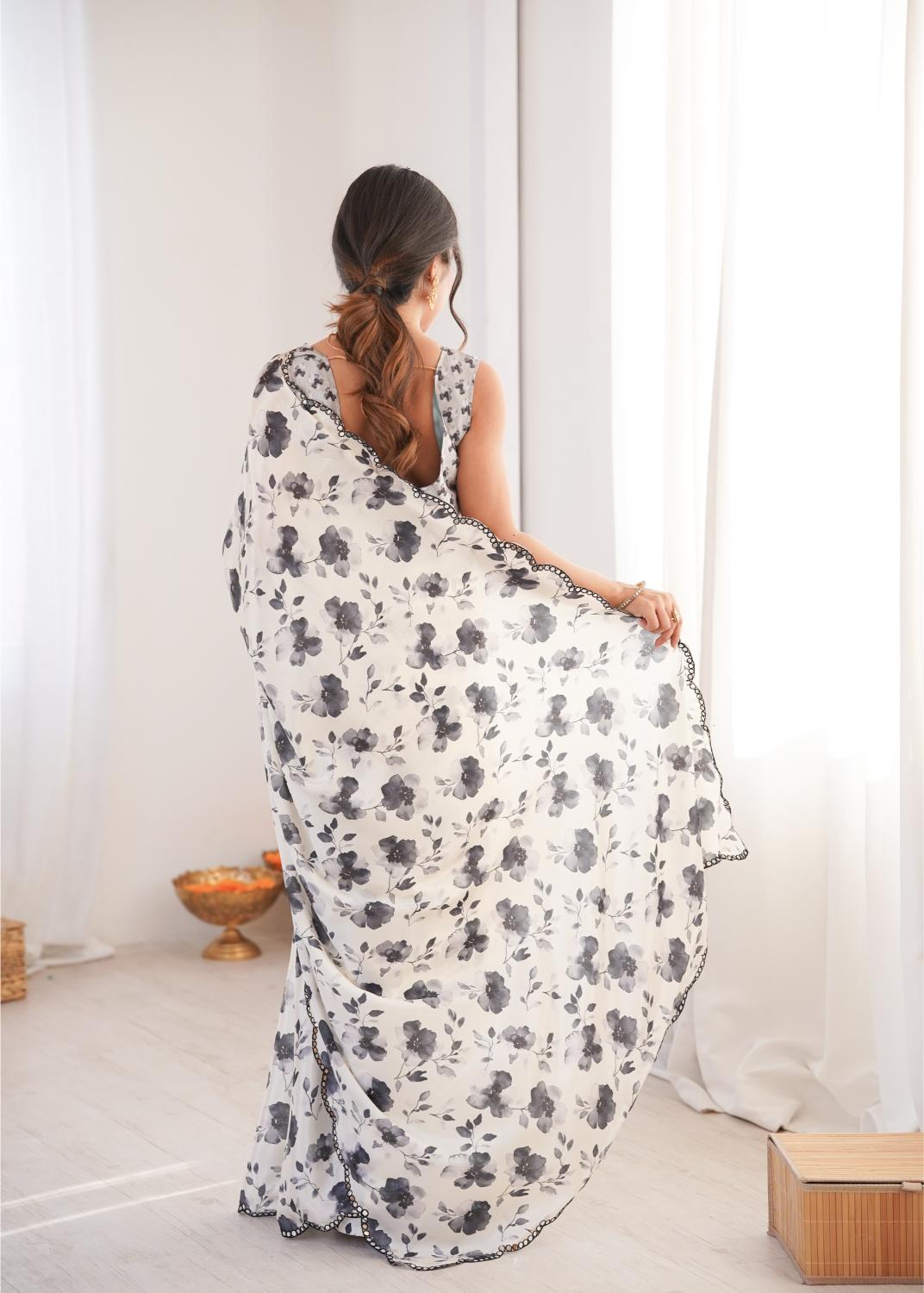 White Charcoal Chinon Digital Printed Mirror Cut Work Saree — alternate view