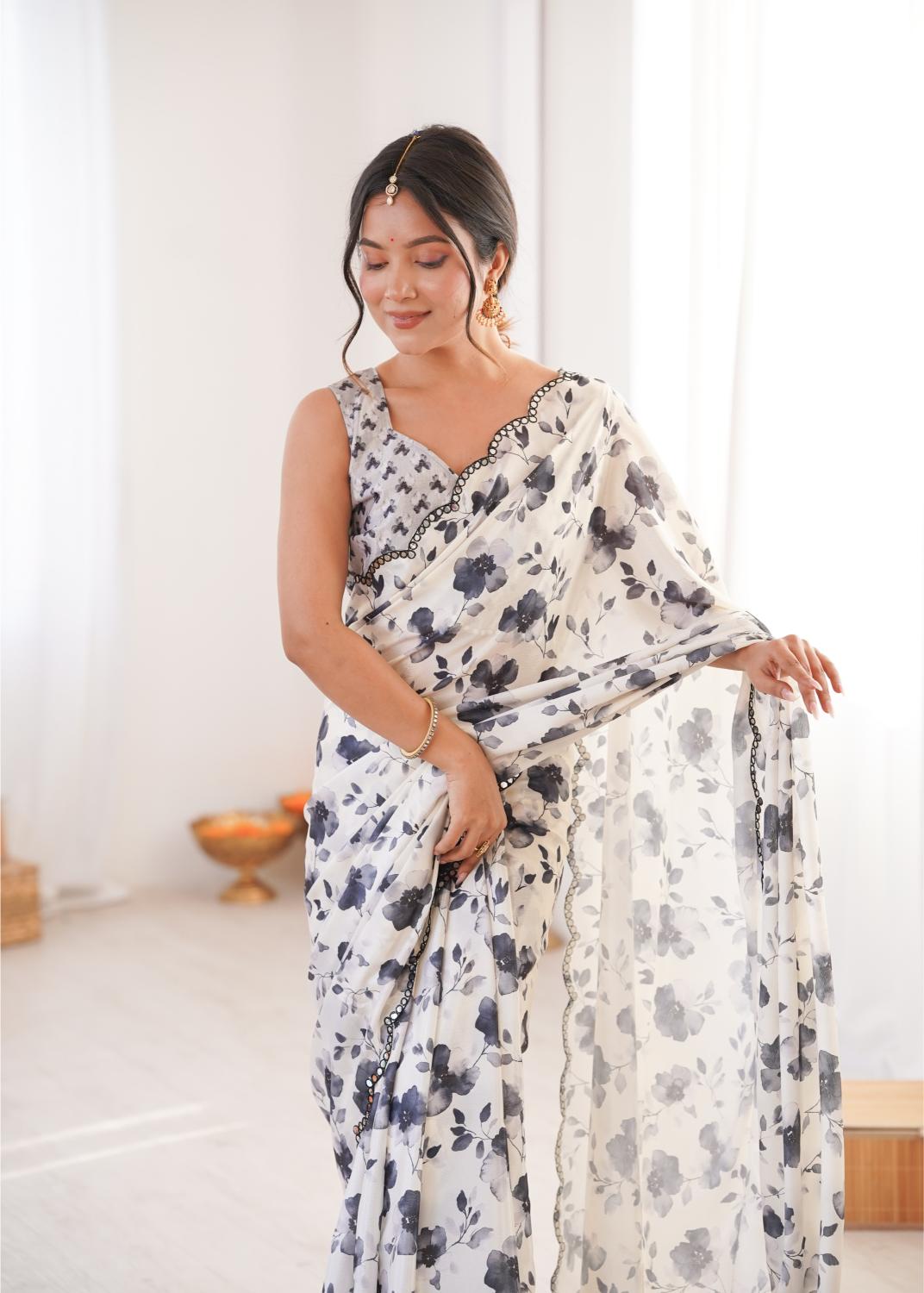 White Charcoal Chinon Digital Printed Mirror Cut Work Saree