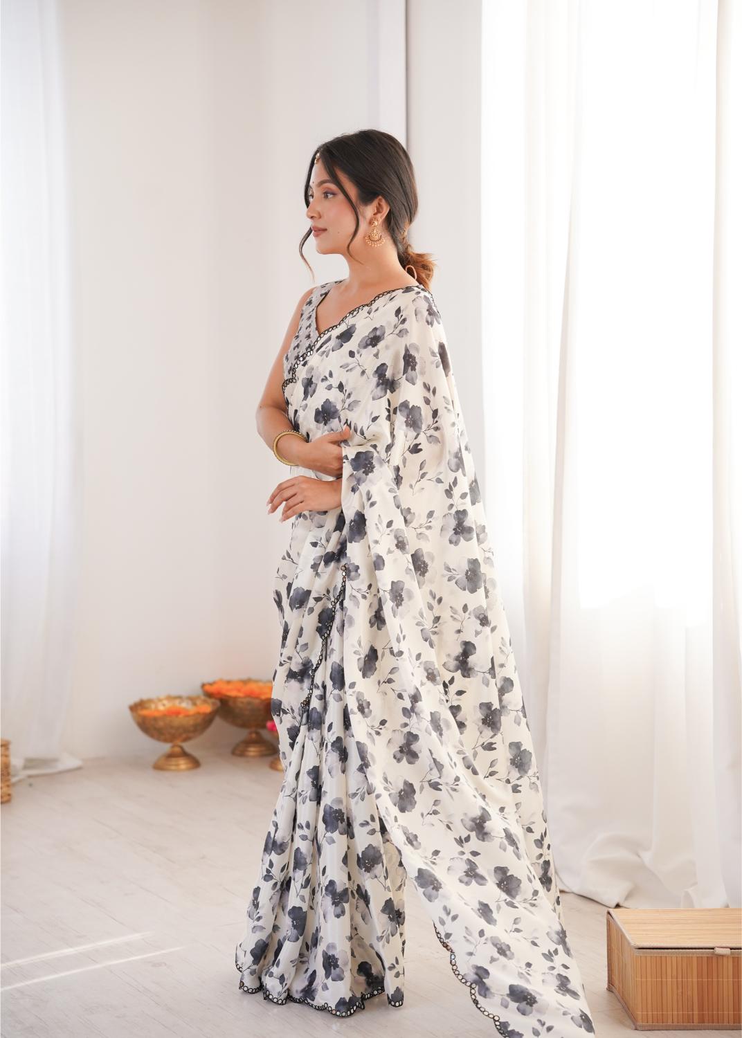 White Charcoal Chinon Digital Printed Mirror Cut Work Saree