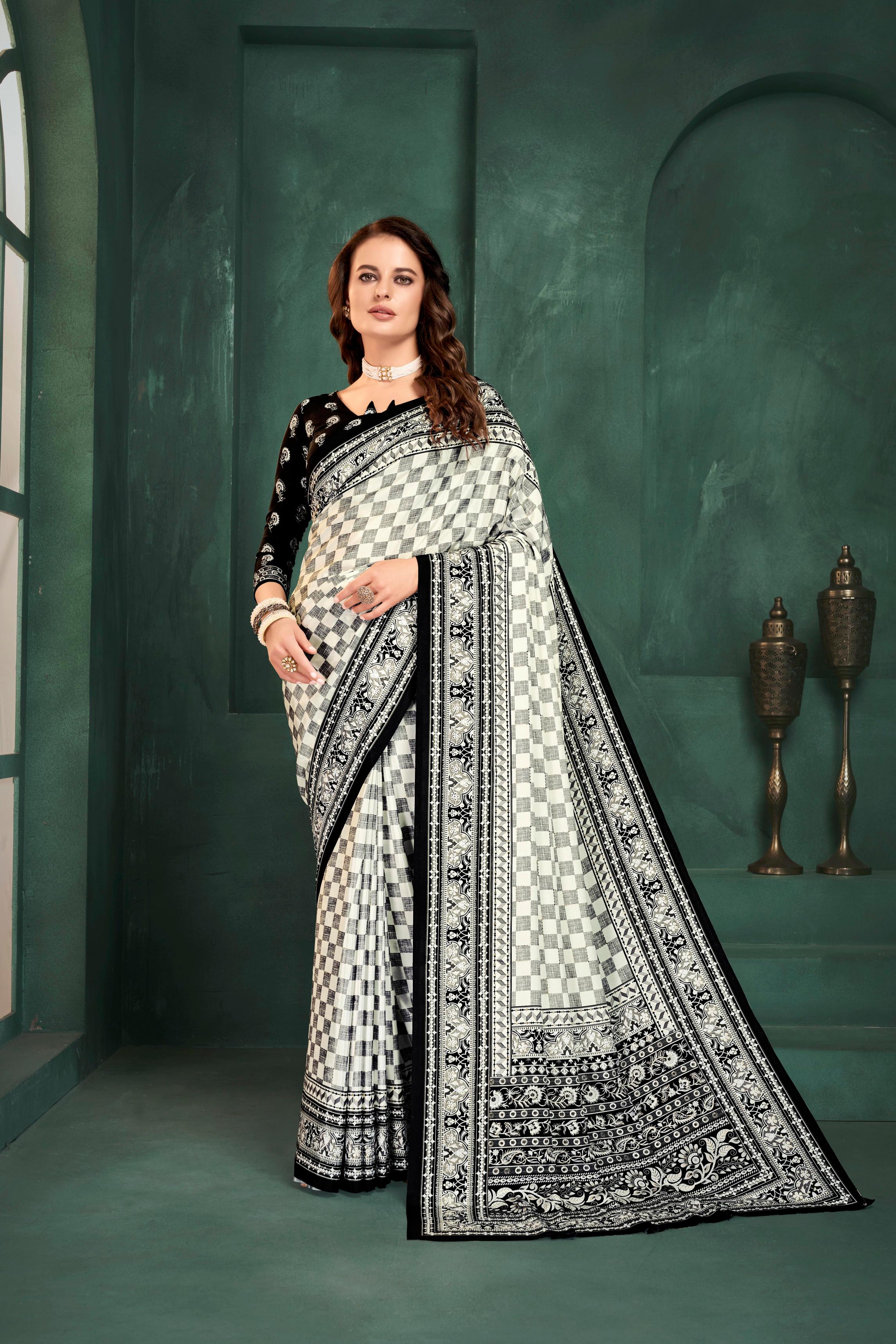 White Check Digital Foil Printed Crepe Silk
