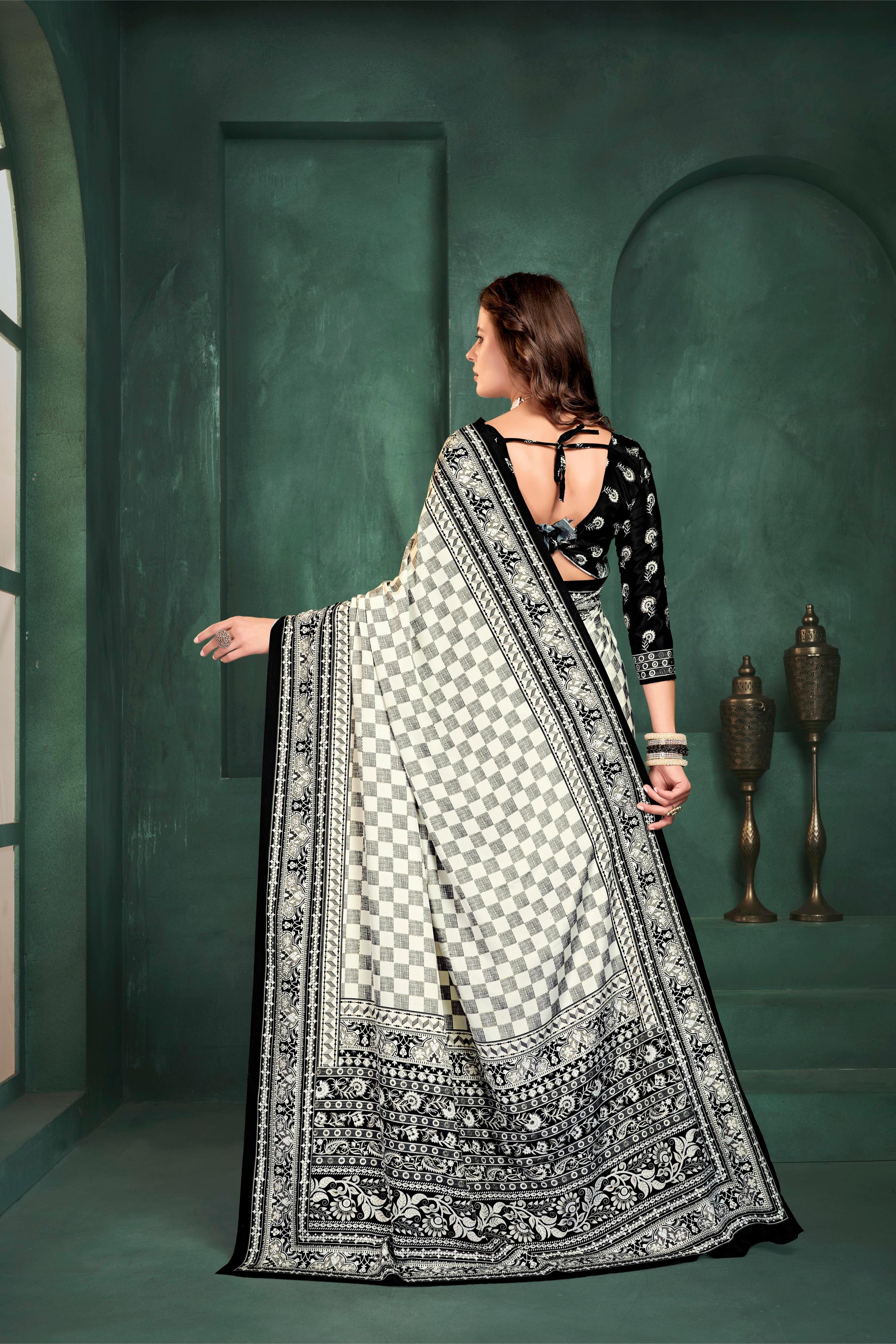 White Check Digital Foil Printed Crepe Silk — alternate view