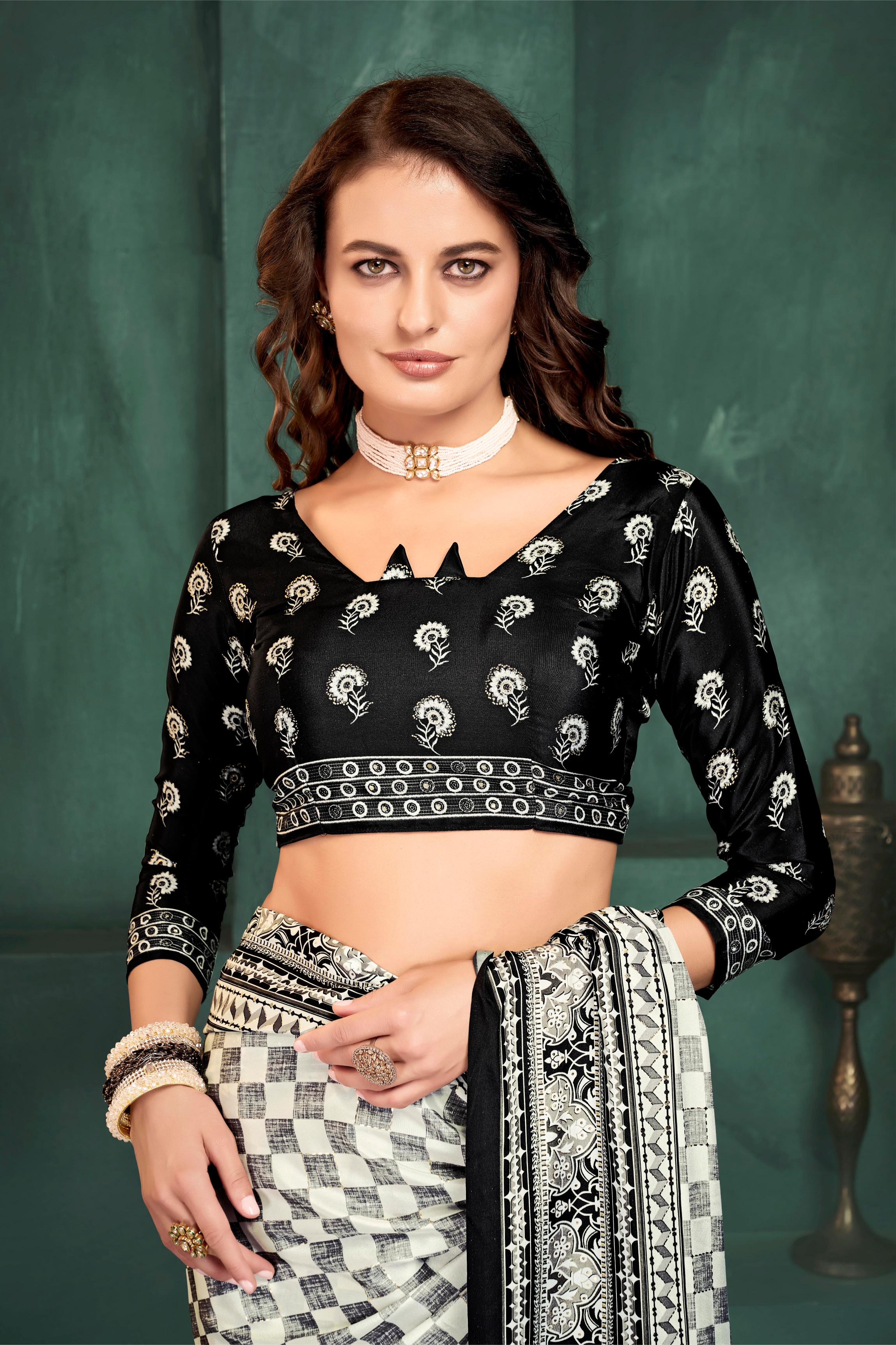 White Check Digital Foil Printed Crepe Silk