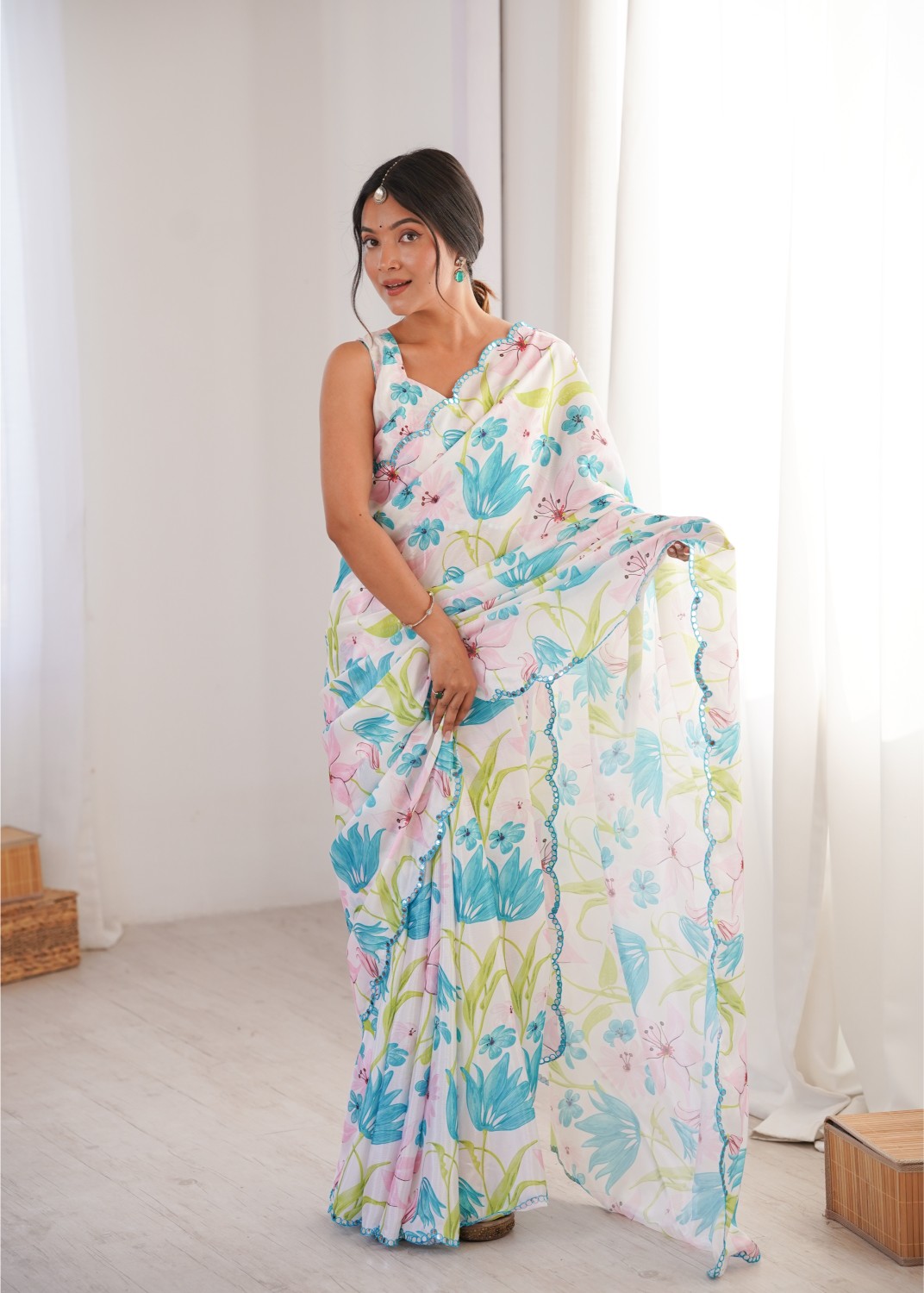 White Chinon Digital Printed Mirror Work Saree