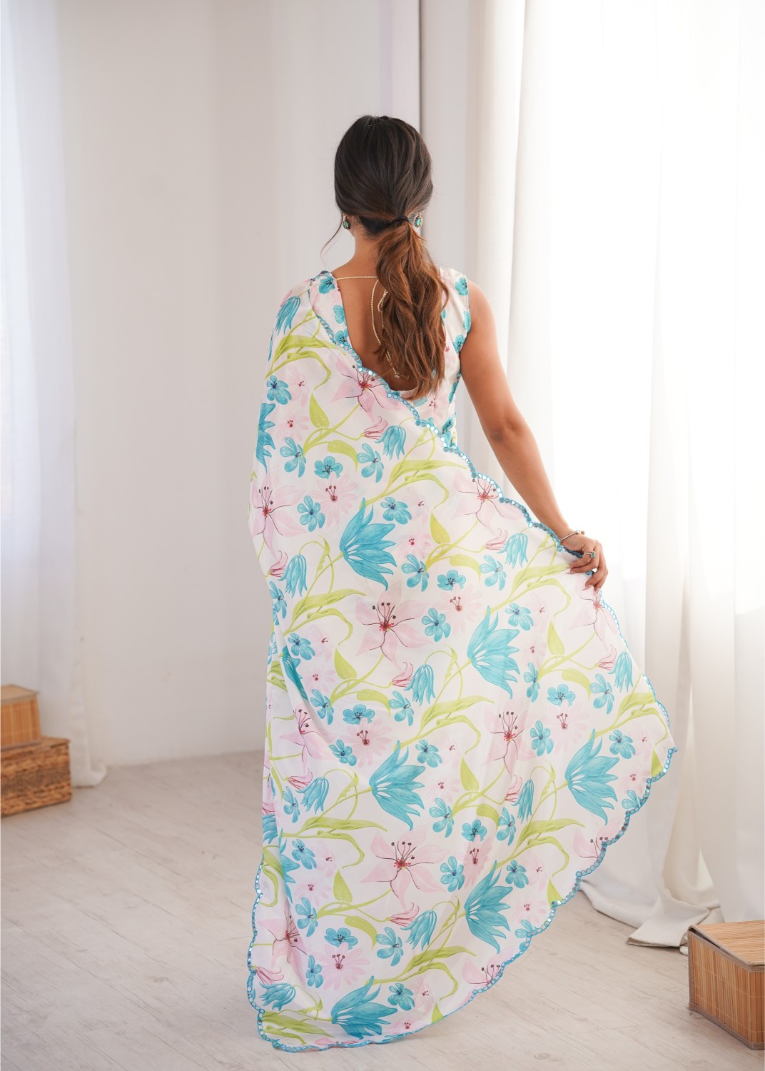 White Chinon Digital Printed Mirror Work Saree — alternate view