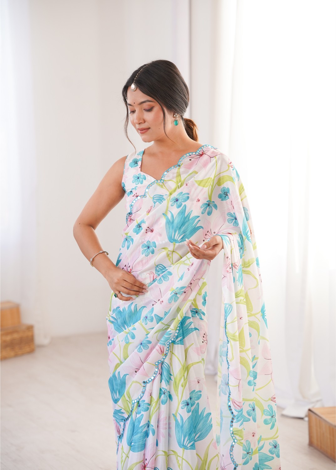 White Chinon Digital Printed Mirror Work Saree
