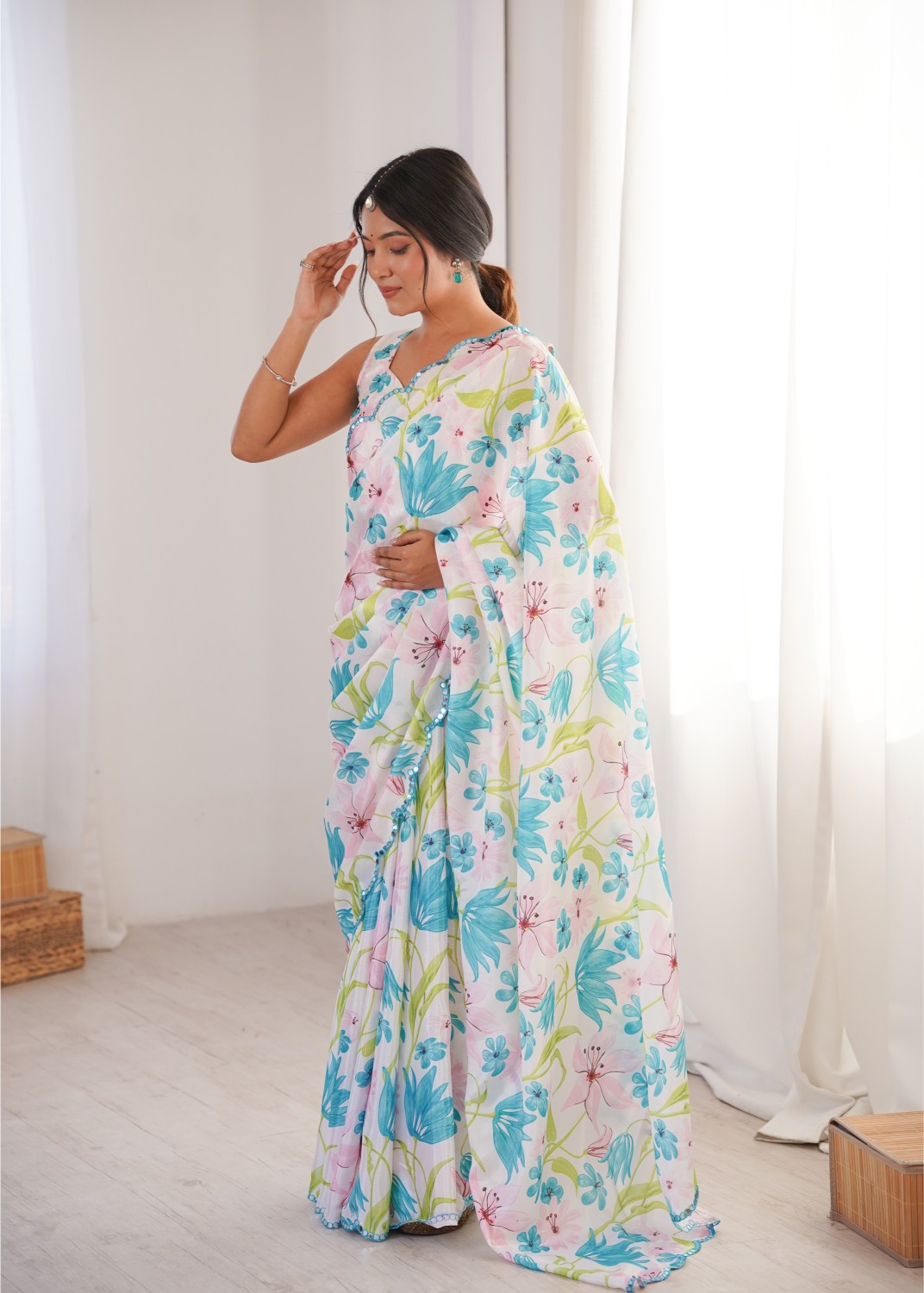White Chinon Digital Printed Mirror Work Saree