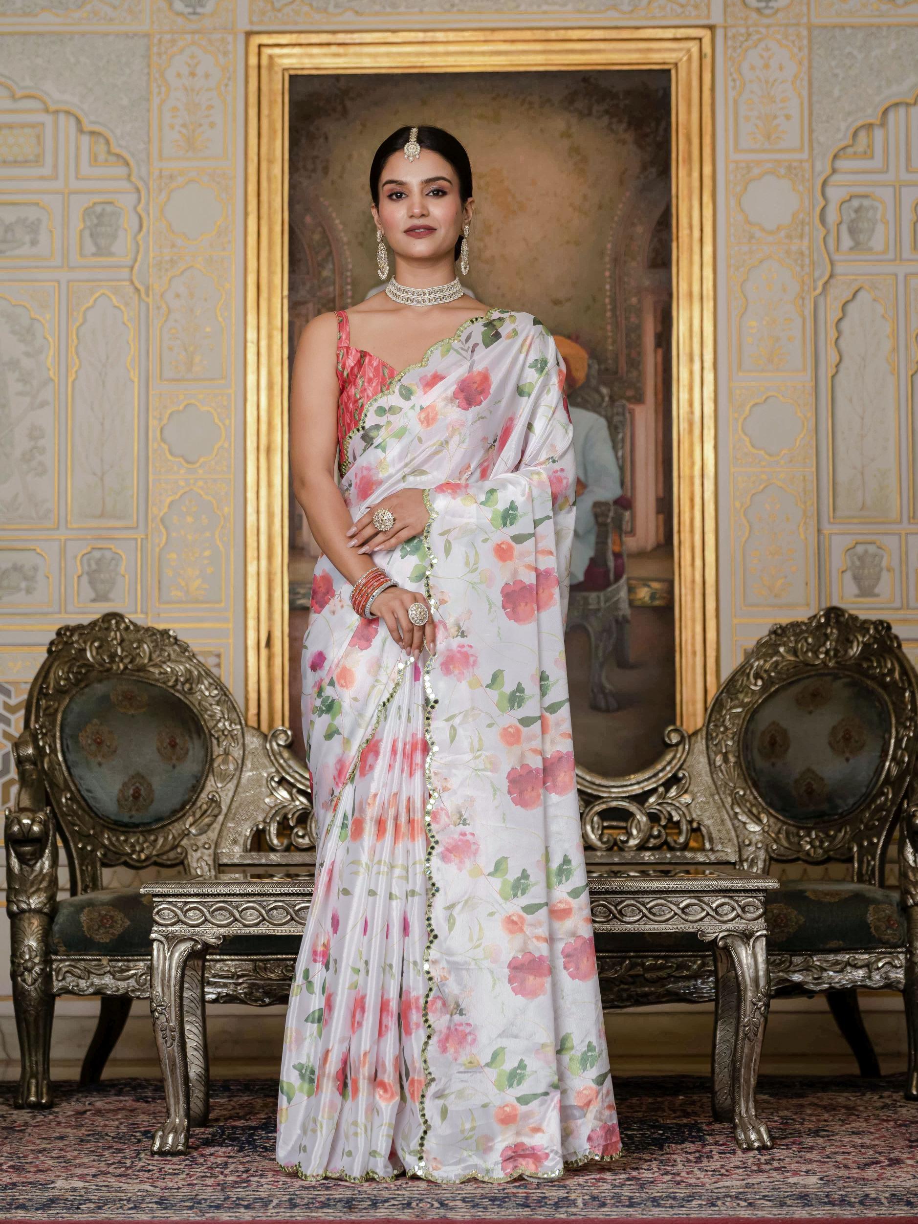 White Chinon Ready To Wear Saree