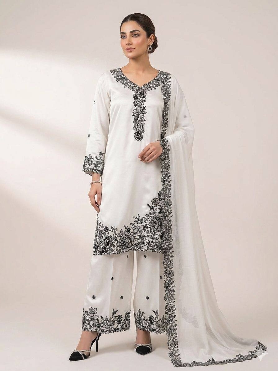 White Contrast Sequins French Crepe Palazzo Suit