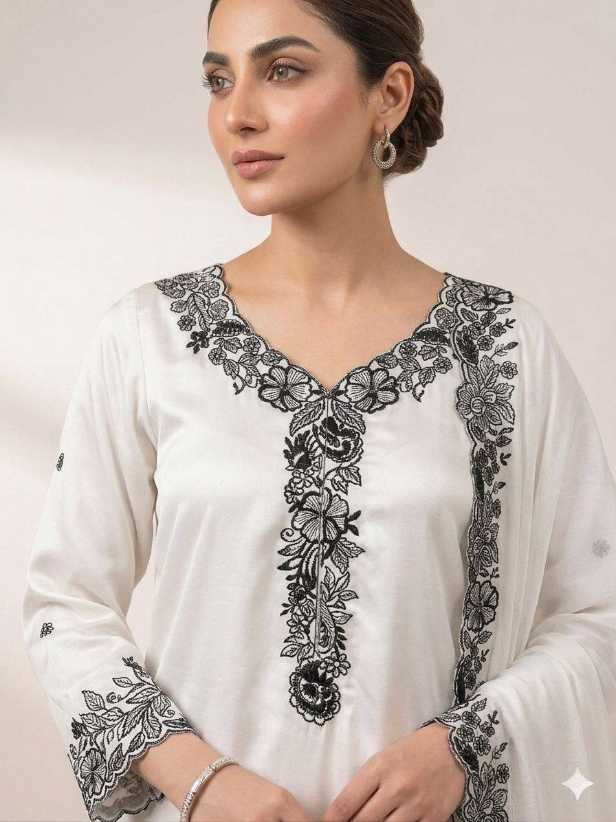 White Contrast Sequins French Crepe Palazzo Suit — alternate view