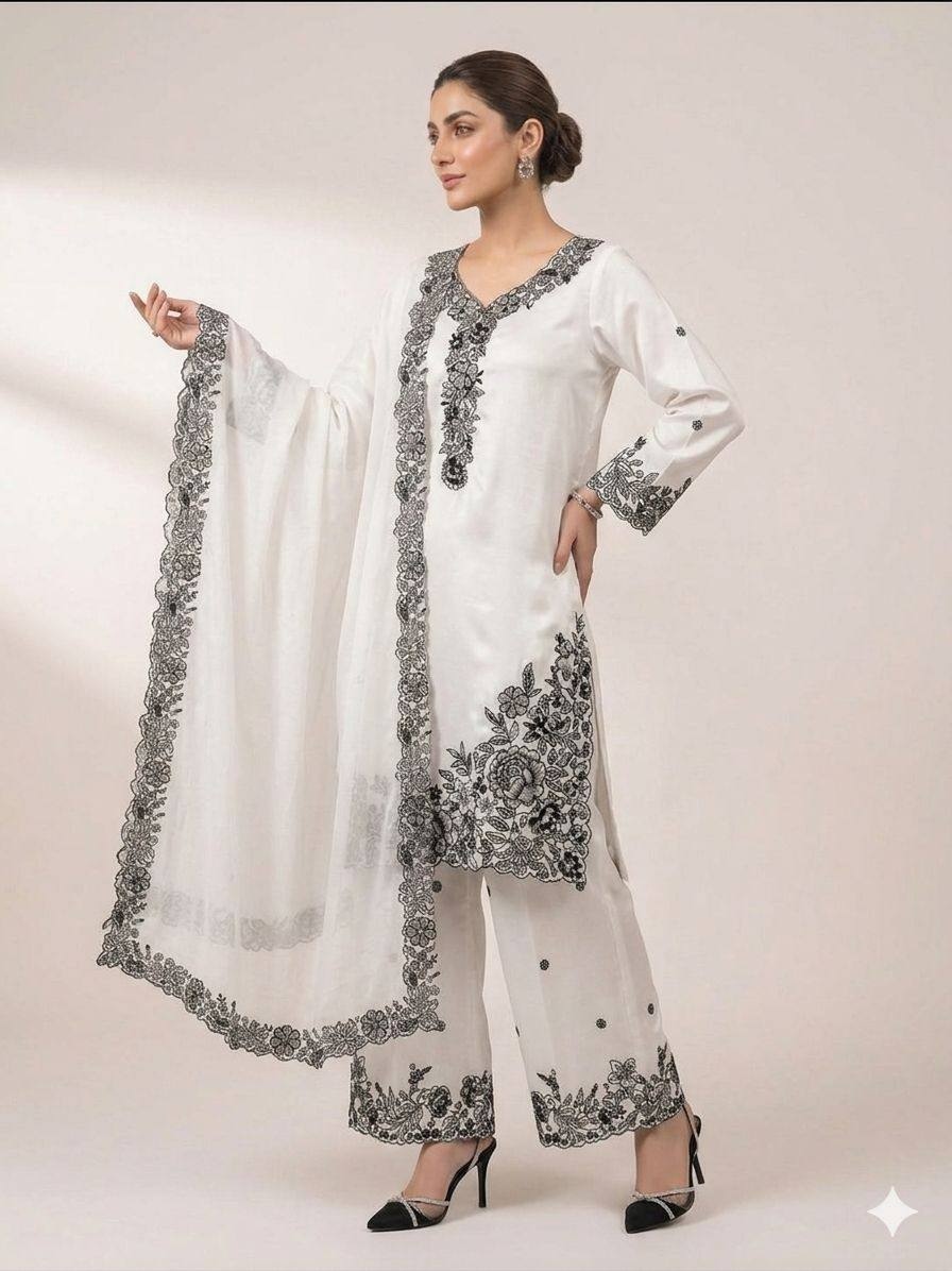 White Contrast Sequins French Crepe Palazzo Suit