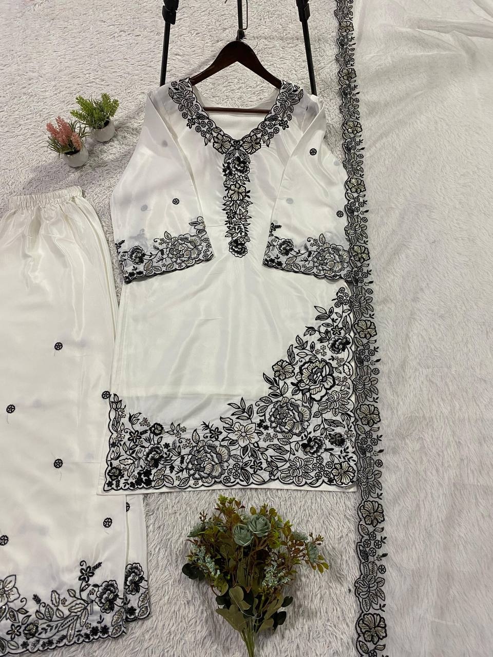 White Contrast Sequins French Crepe Palazzo Suit