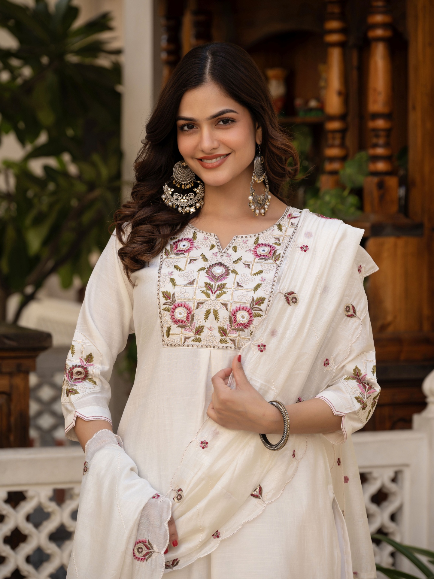 White Designer Embroidered Viscose Silk Anarkali Suit