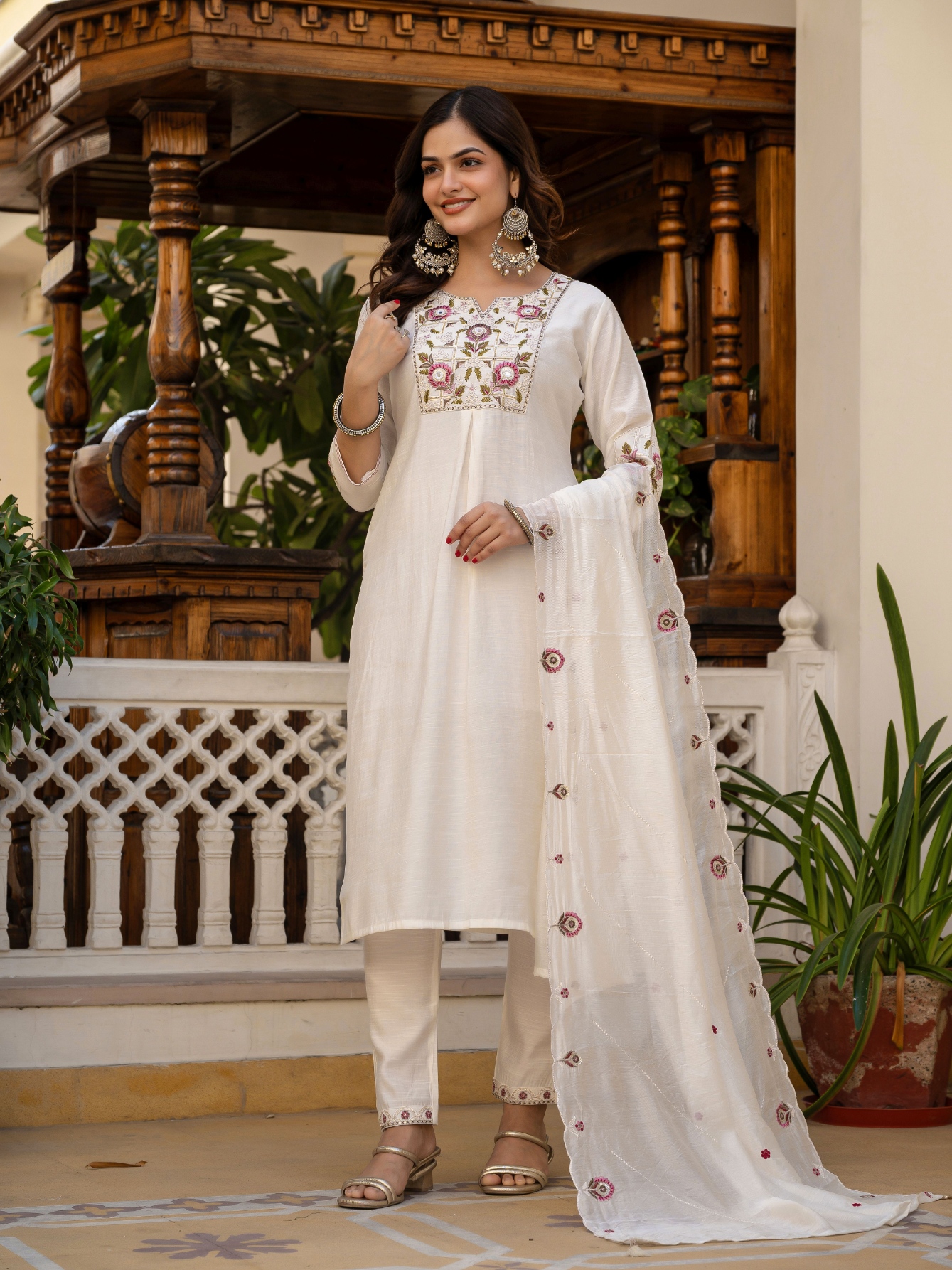 White Designer Embroidered Viscose Silk Anarkali Suit