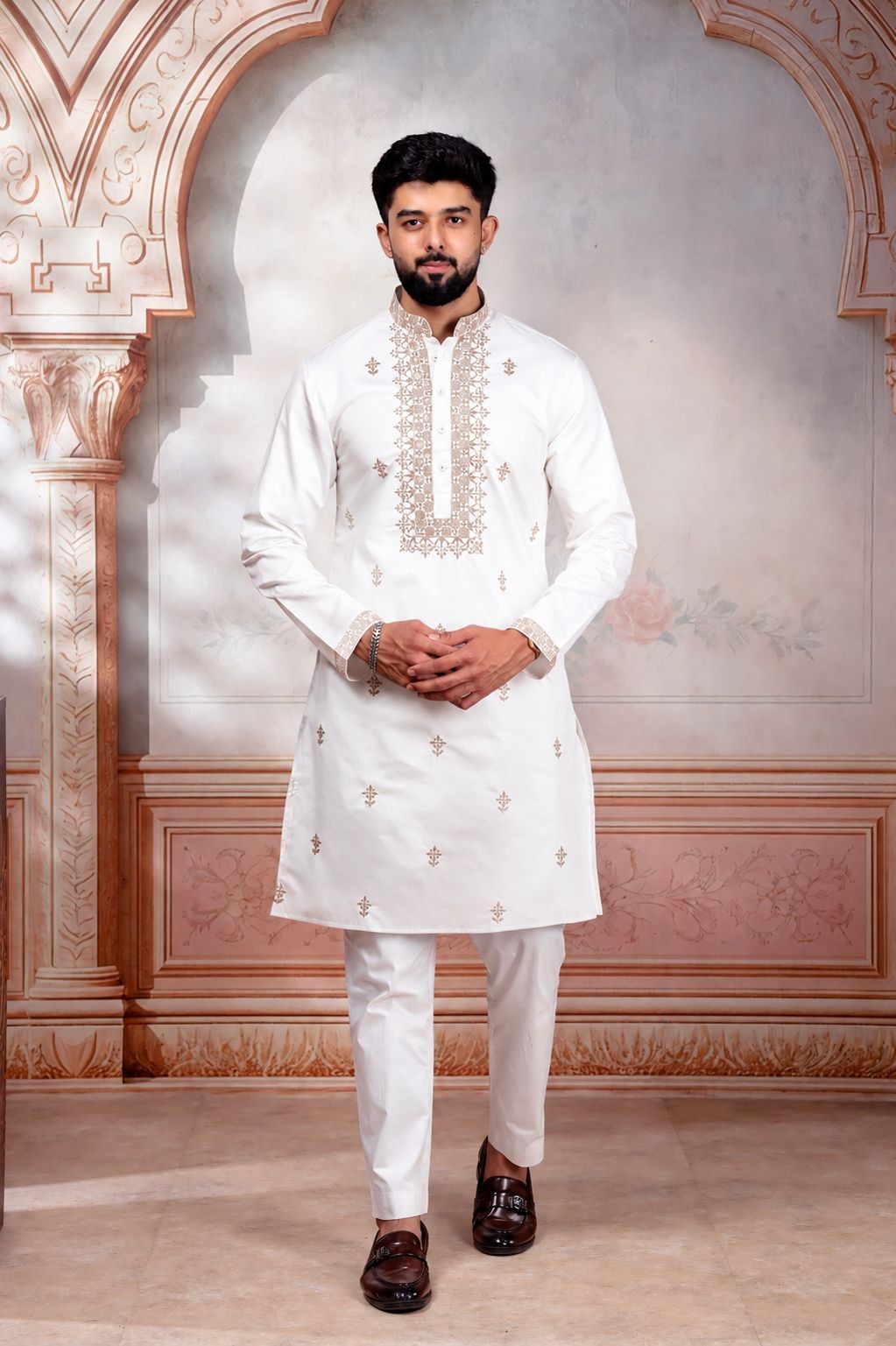 White Designer Embroidery Cotton Kurta Pyjama