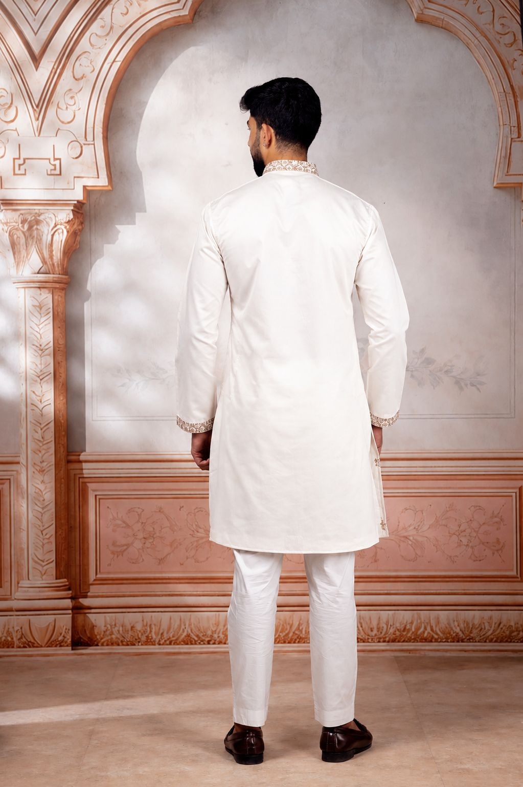 White Designer Embroidery Cotton Kurta Pyjama — alternate view