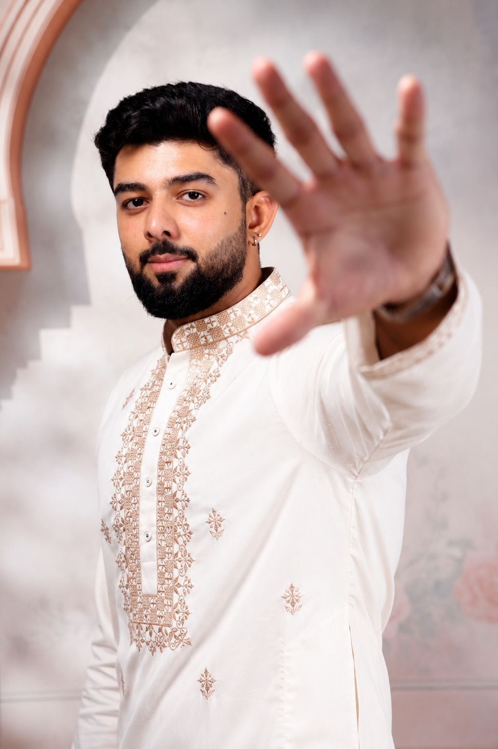 White Designer Embroidery Cotton Kurta Pyjama