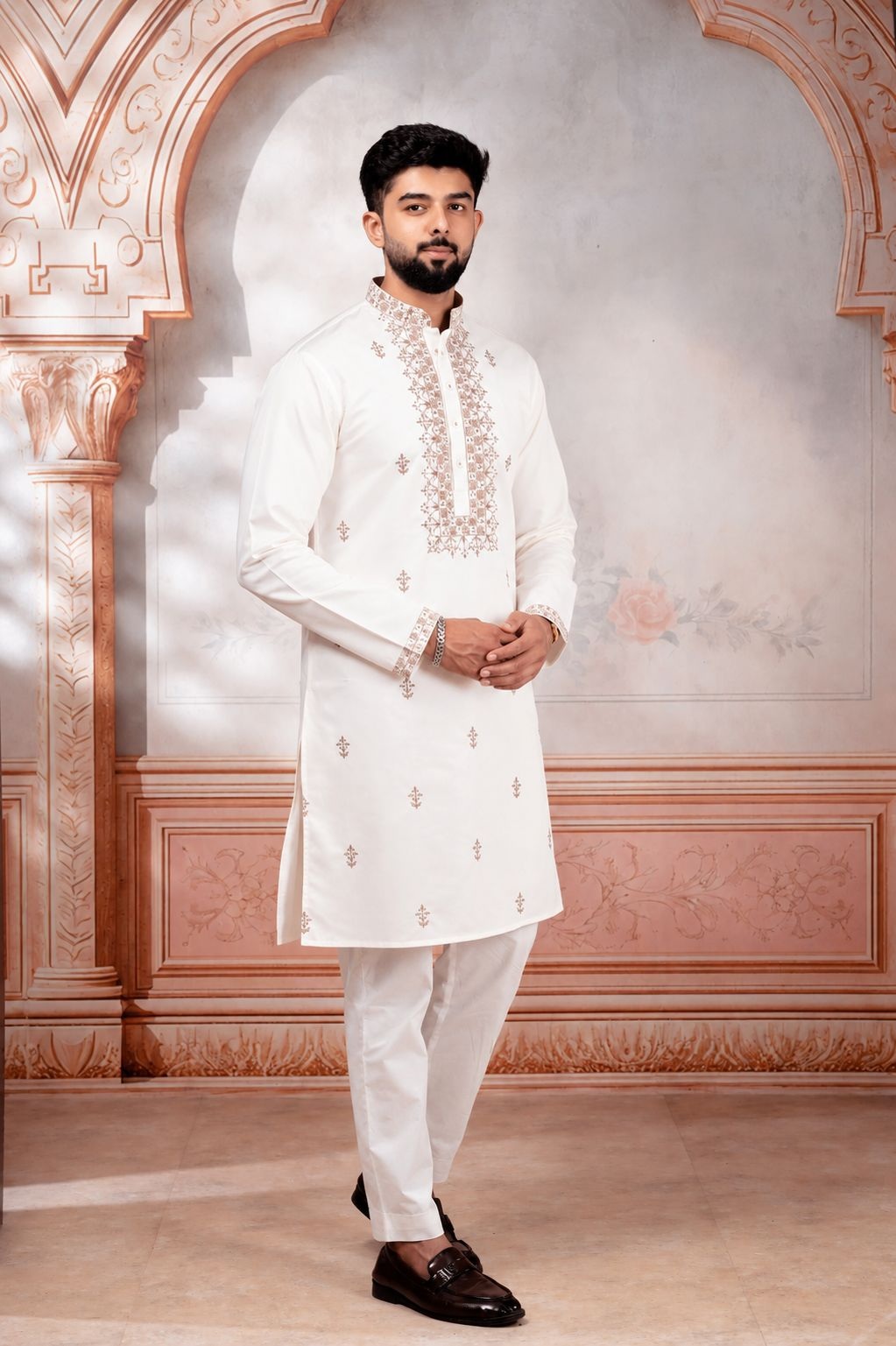 White Designer Embroidery Cotton Kurta Pyjama