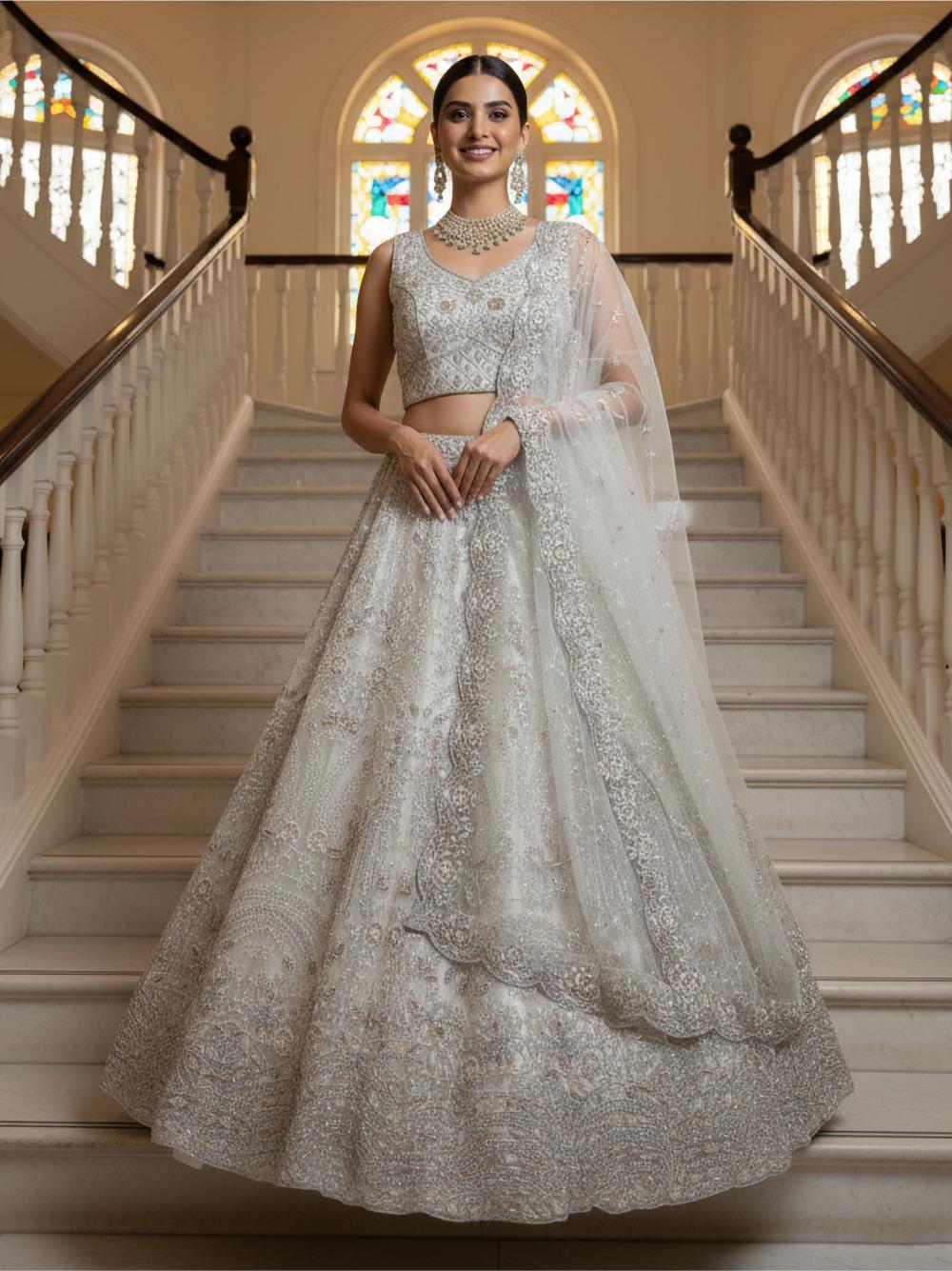 White Designer Zari Embroidered Lehenga Choli