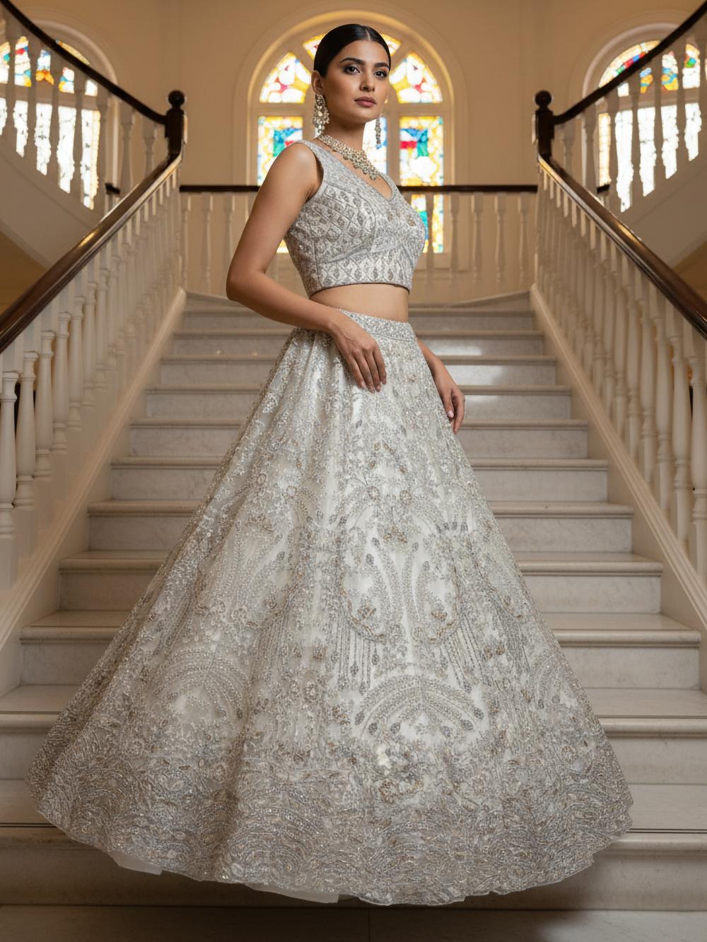 White Designer Zari Embroidered Lehenga Choli