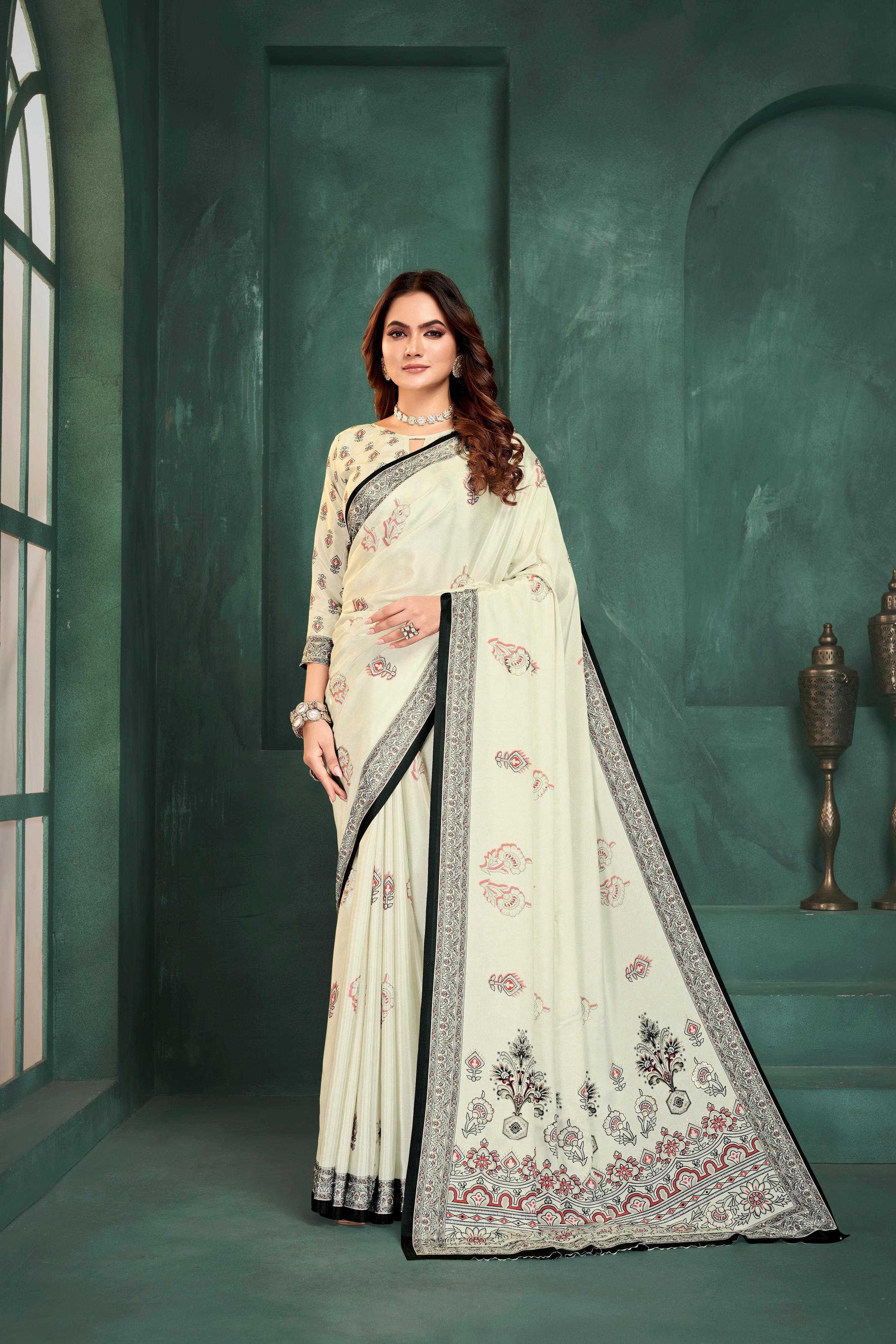 White Digital Foil Printed Crepe Silk