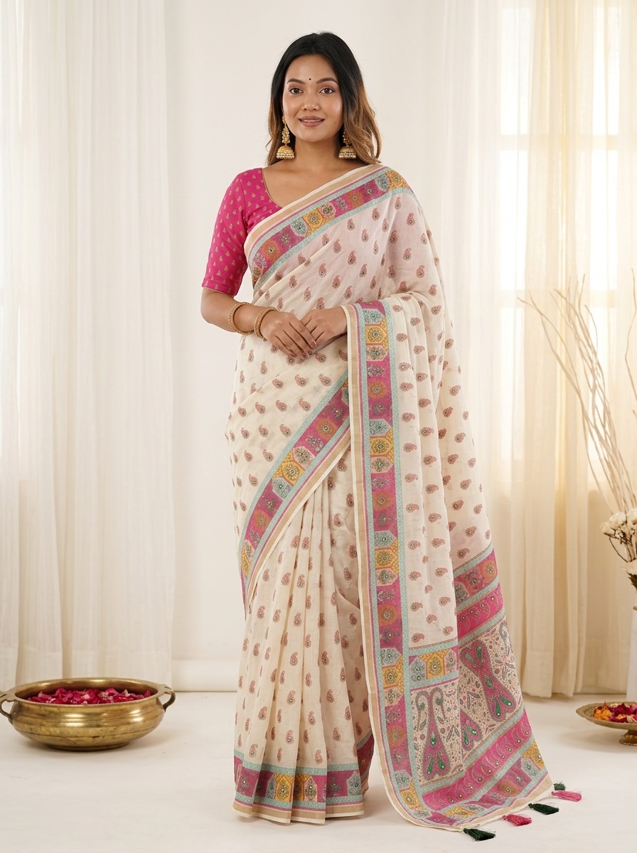 White Digital Printed Linen Silk Saree