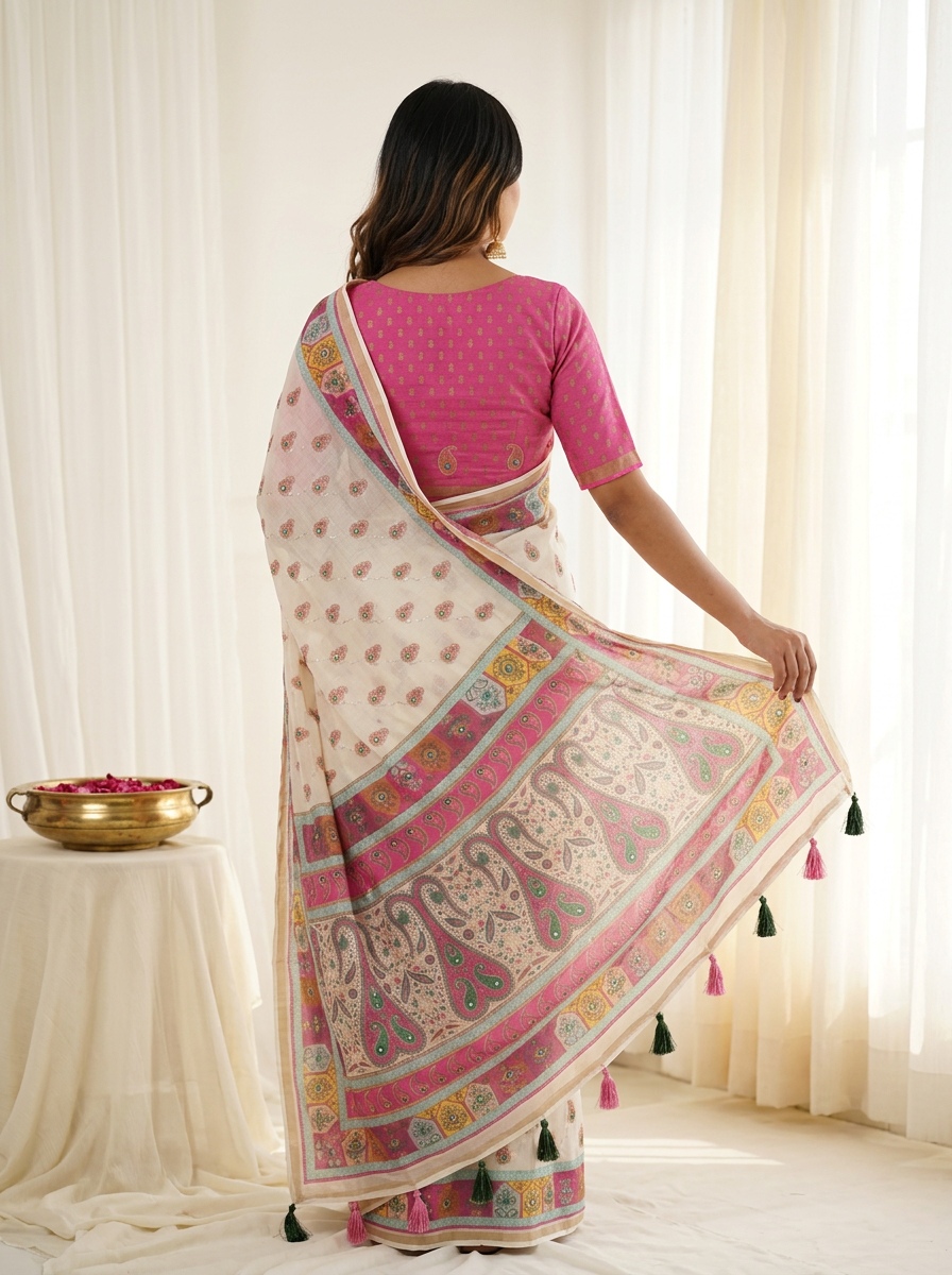 White Digital Printed Linen Silk Saree — alternate view