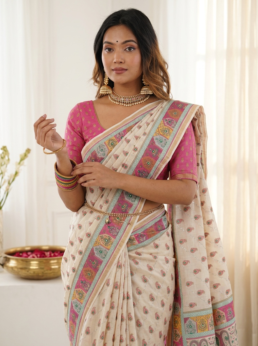 White Digital Printed Linen Silk Saree