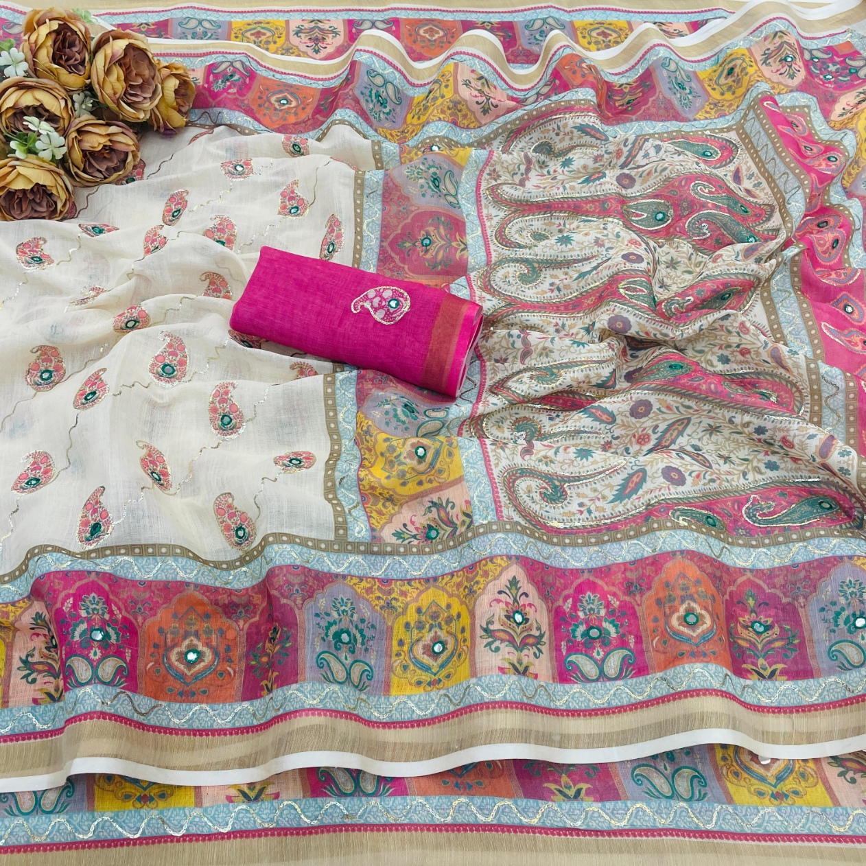 White Digital Printed Linen Silk Saree