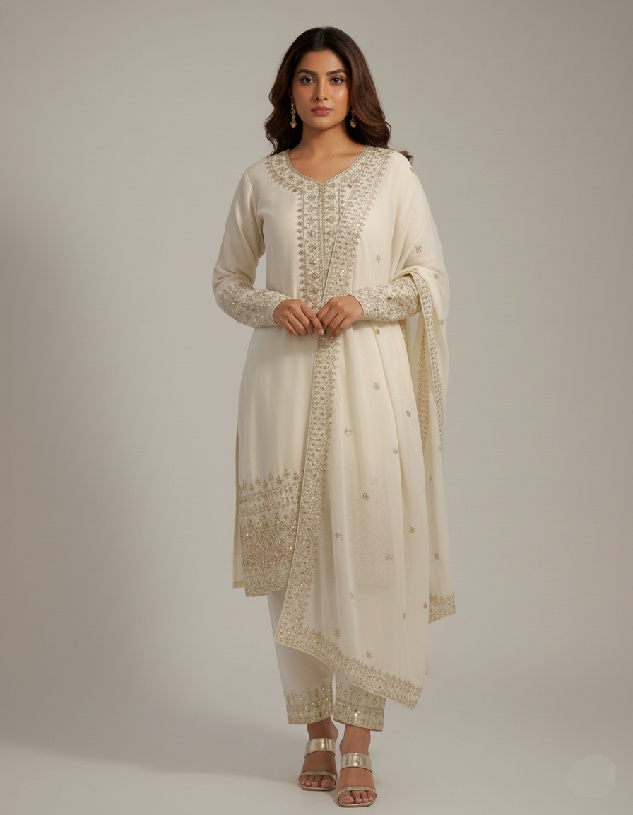 White Embroidered Chinon Straight Suit