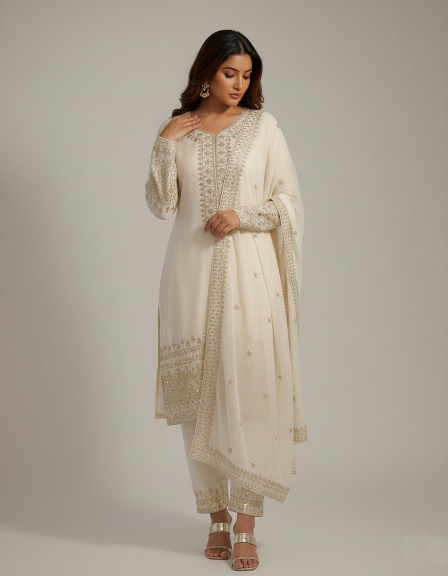 White Embroidered Chinon Straight Suit — alternate view