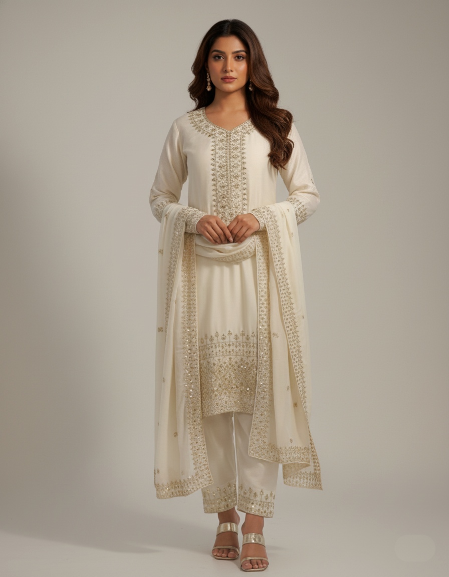 White Embroidered Chinon Straight Suit