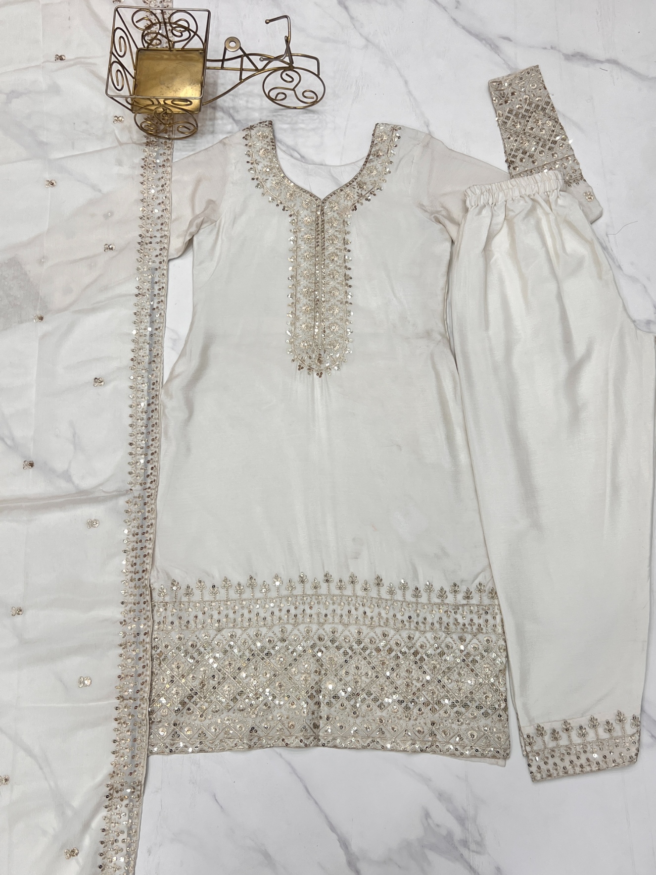 White Embroidered Chinon Straight Suit